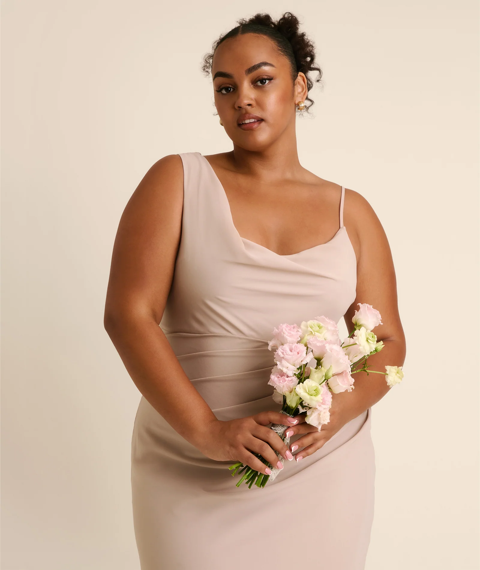 Cowl Asymmetrical Chiffon Bridesmaid Dress - Taupe - Image 6
