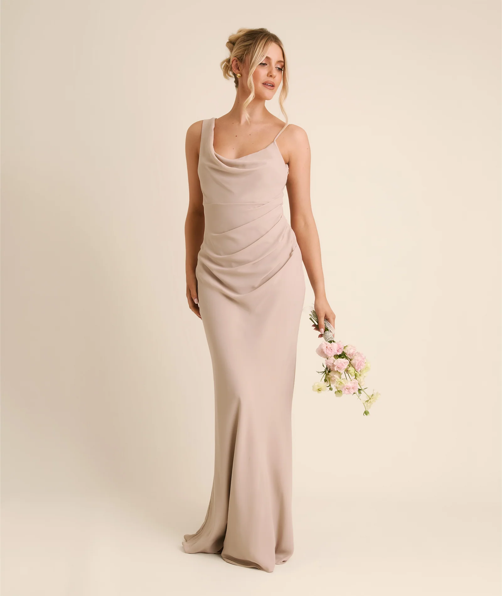 Cowl Asymmetrical Chiffon Bridesmaid Dress - Taupe - Image 7
