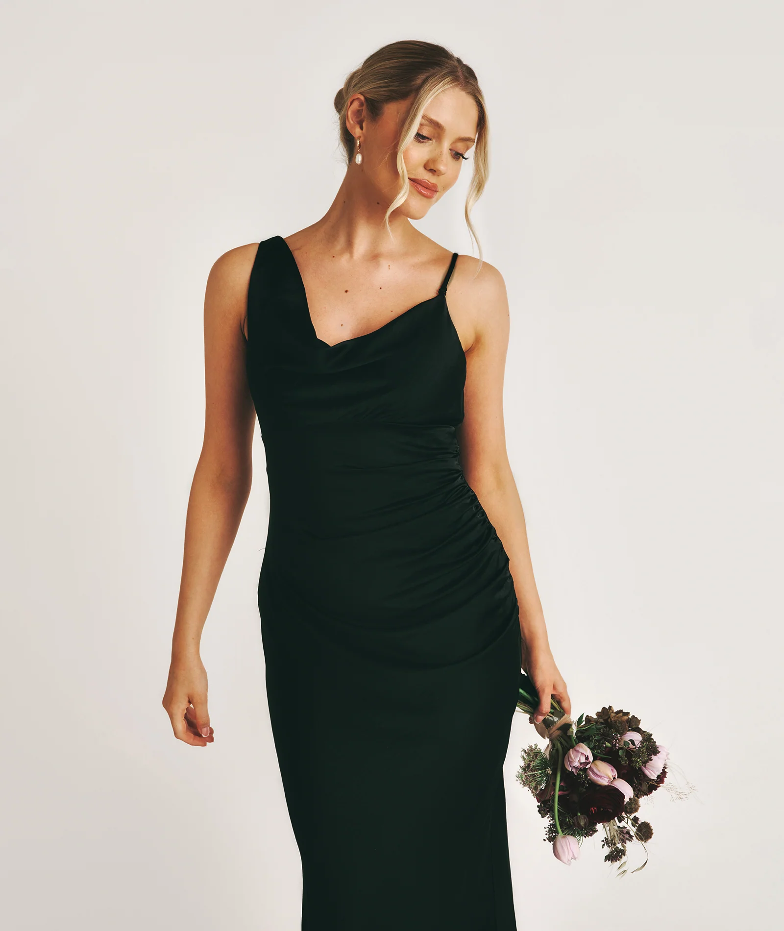 Cowl Asymmetrical Satin Bridesmaid Dress - Black - Image 3