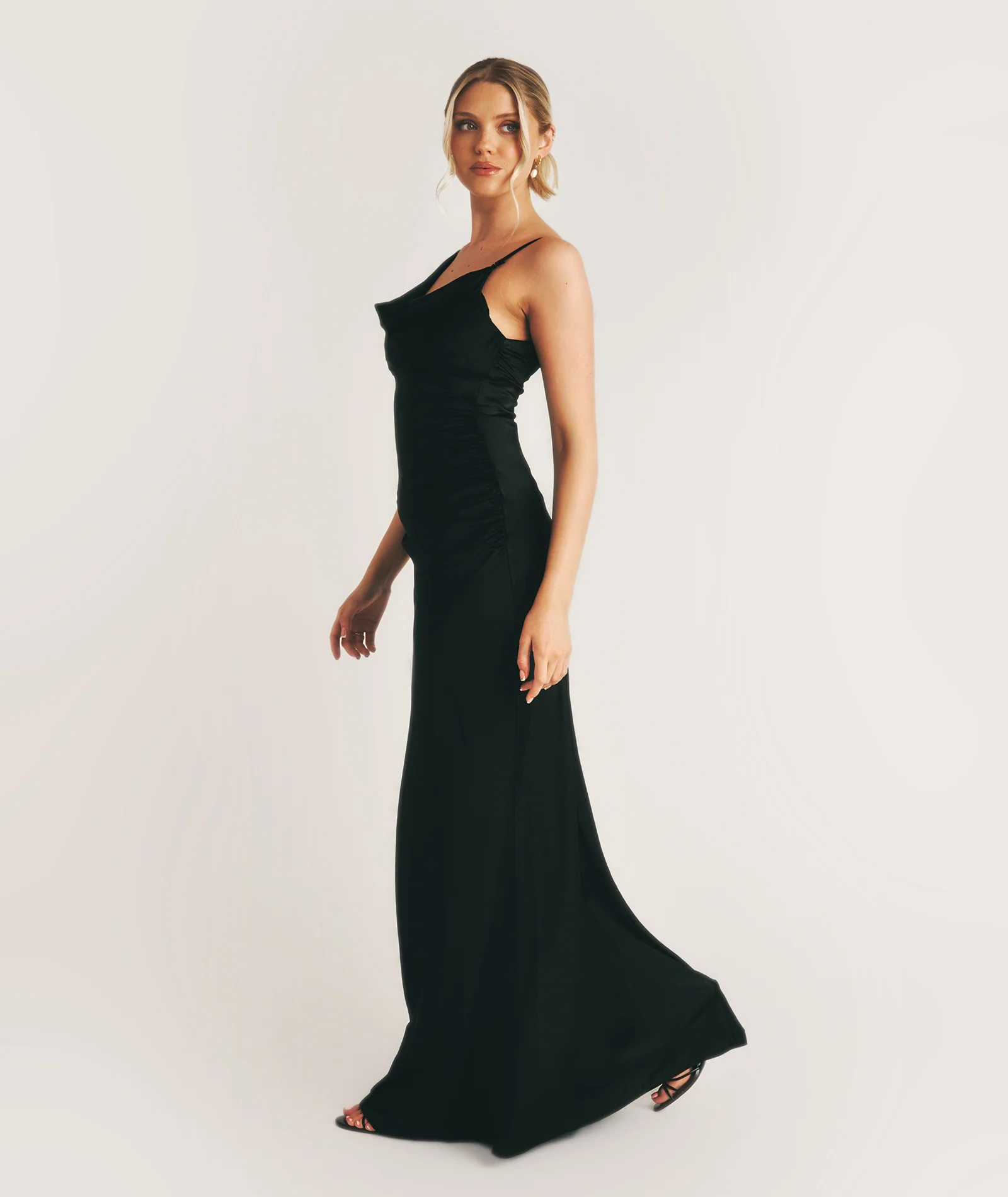 Cowl Asymmetrical Satin Bridesmaid Dress - Black - Image 6