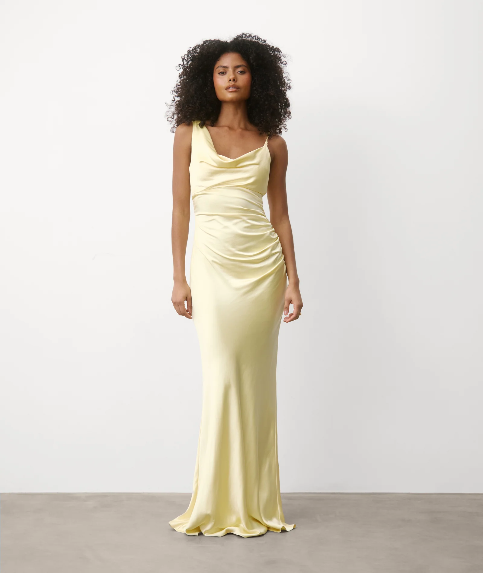Cowl Asymmetrical Satin Bridesmaid Dress - Butter Lemon - Image 3