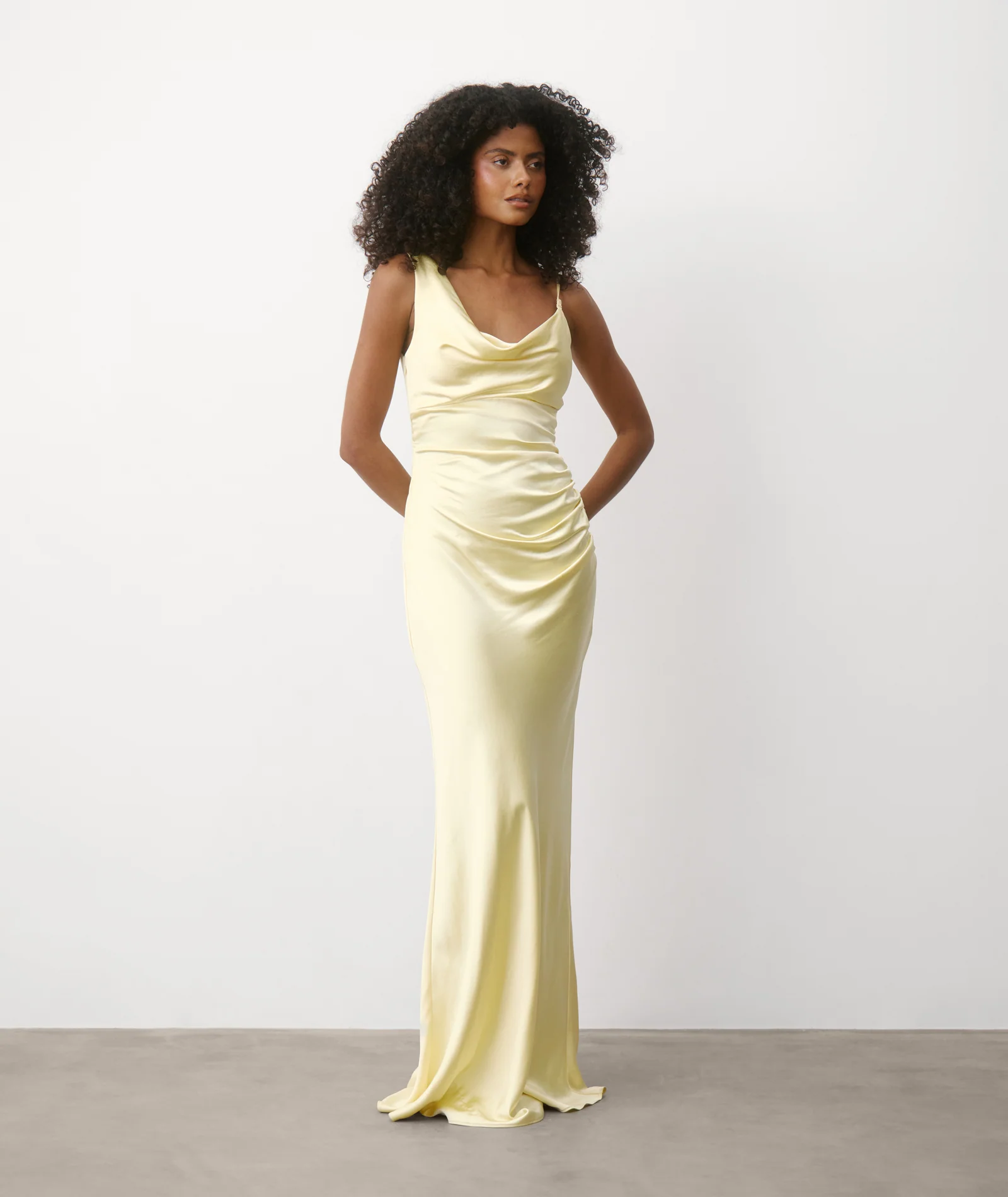 Cowl Asymmetrical Satin Bridesmaid Dress - Butter Lemon - Image 5