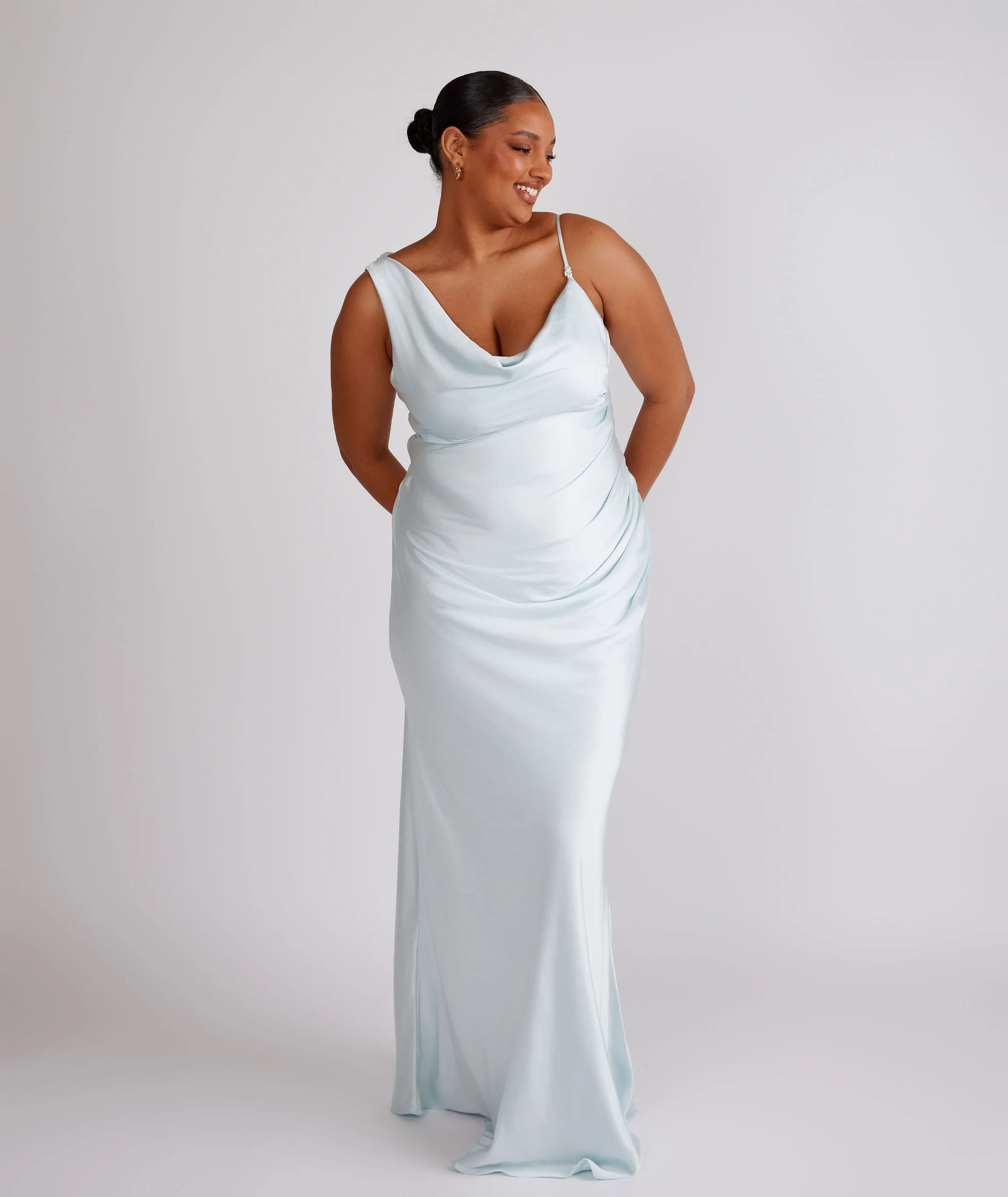 Cowl Asymmetrical Satin Bridesmaid Dress - Ice Blue - Image 6