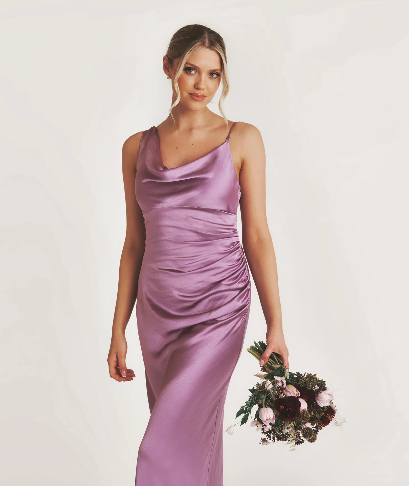 Cowl Asymmetrical Satin Bridesmaid Dress - Orchid - Image 2