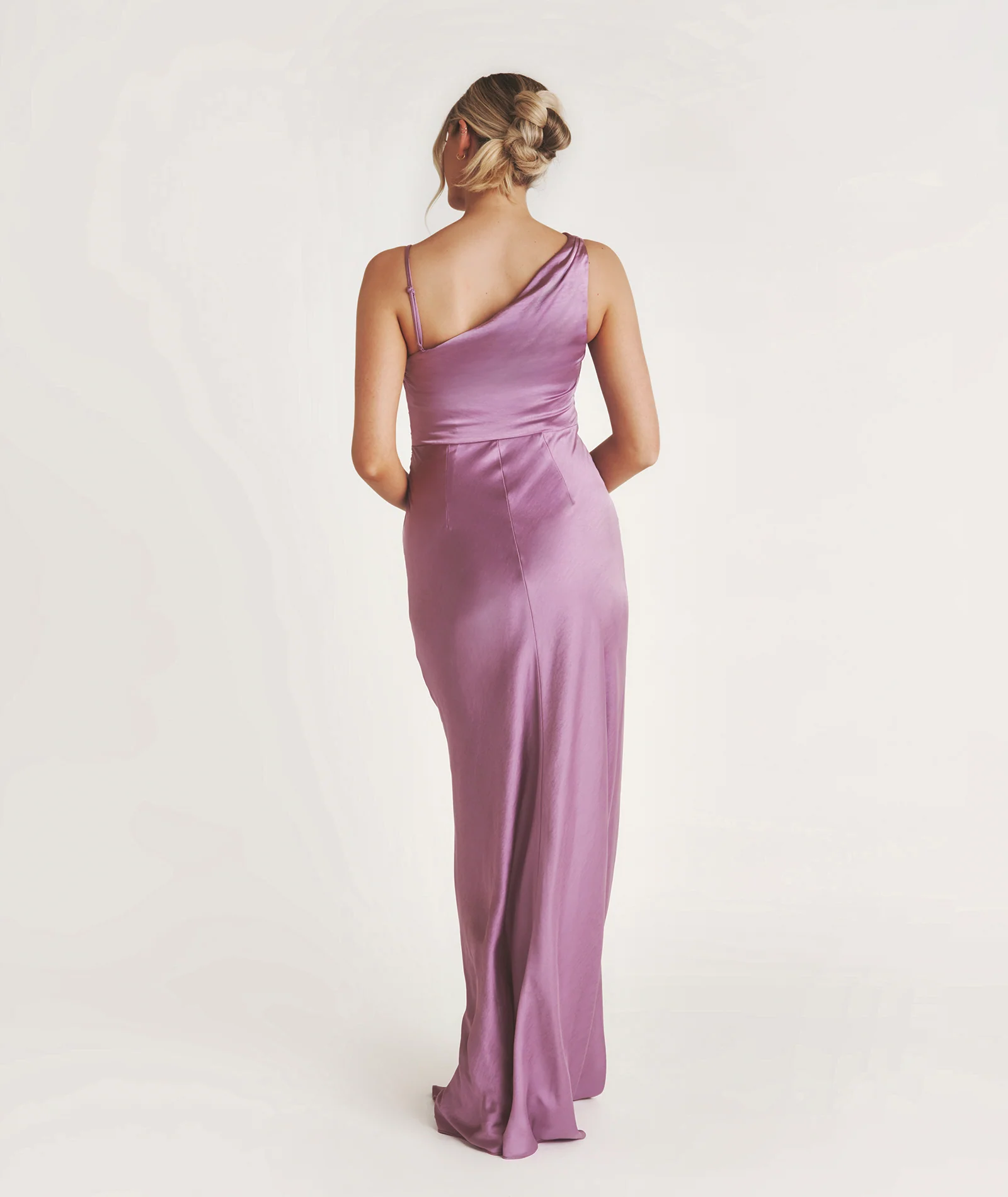 Cowl Asymmetrical Satin Bridesmaid Dress - Orchid - Image 3