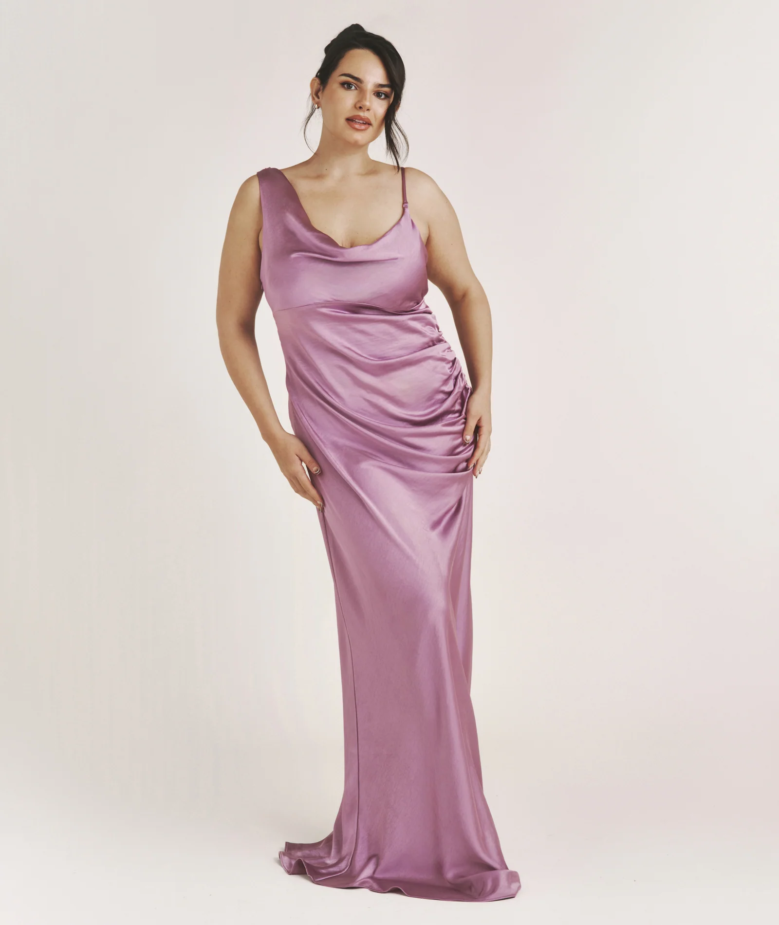 Cowl Asymmetrical Satin Bridesmaid Dress - Orchid - Image 5