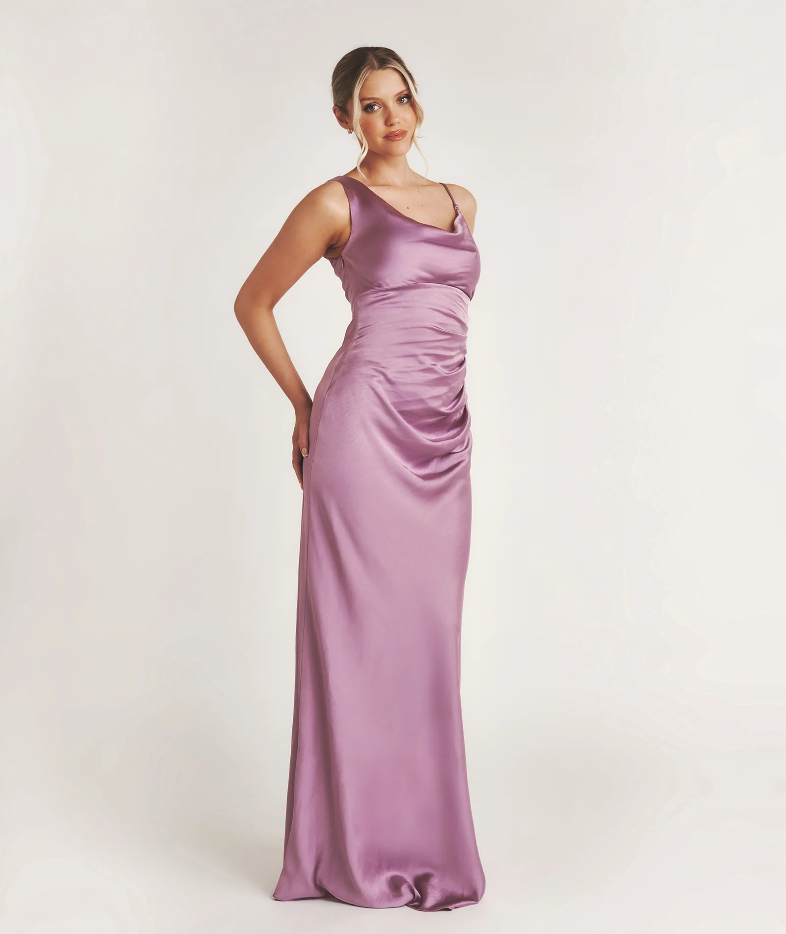 Cowl Asymmetrical Satin Bridesmaid Dress - Orchid - Image 7
