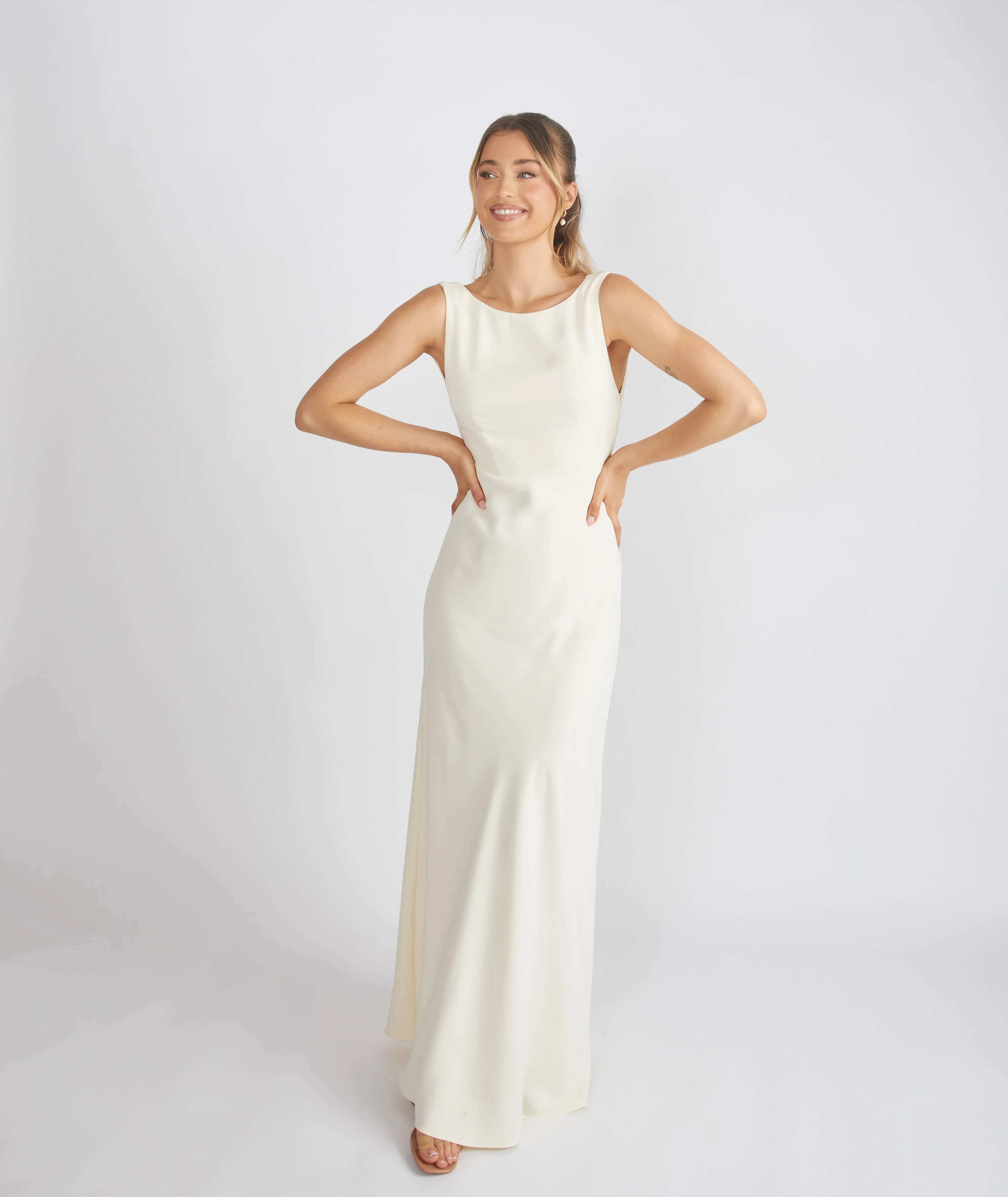Cowl Back Crepe Bridesmaid Dress - Almond - Image 6