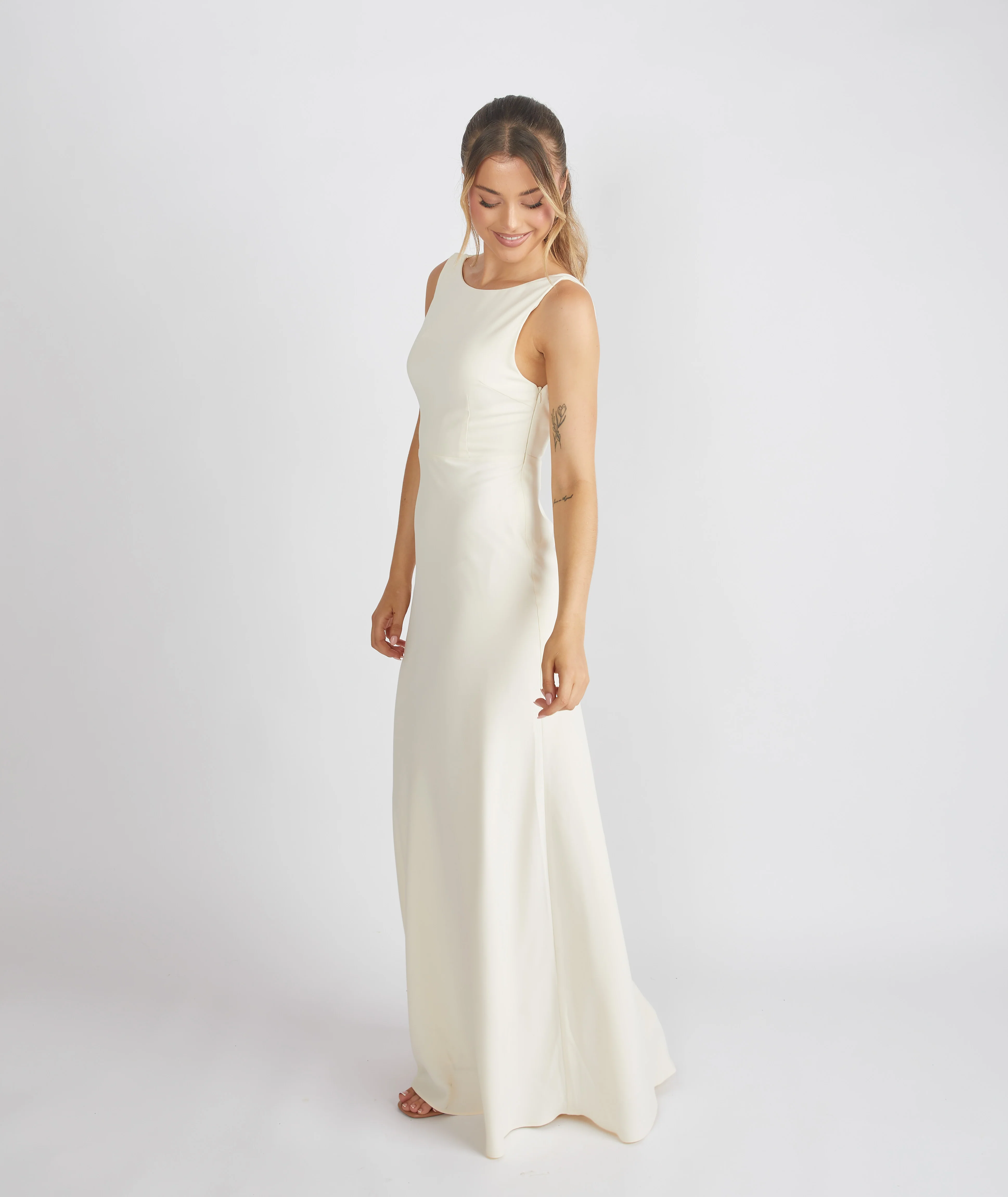 Cowl Back Crepe Bridesmaid Dress - Almond - Image 7