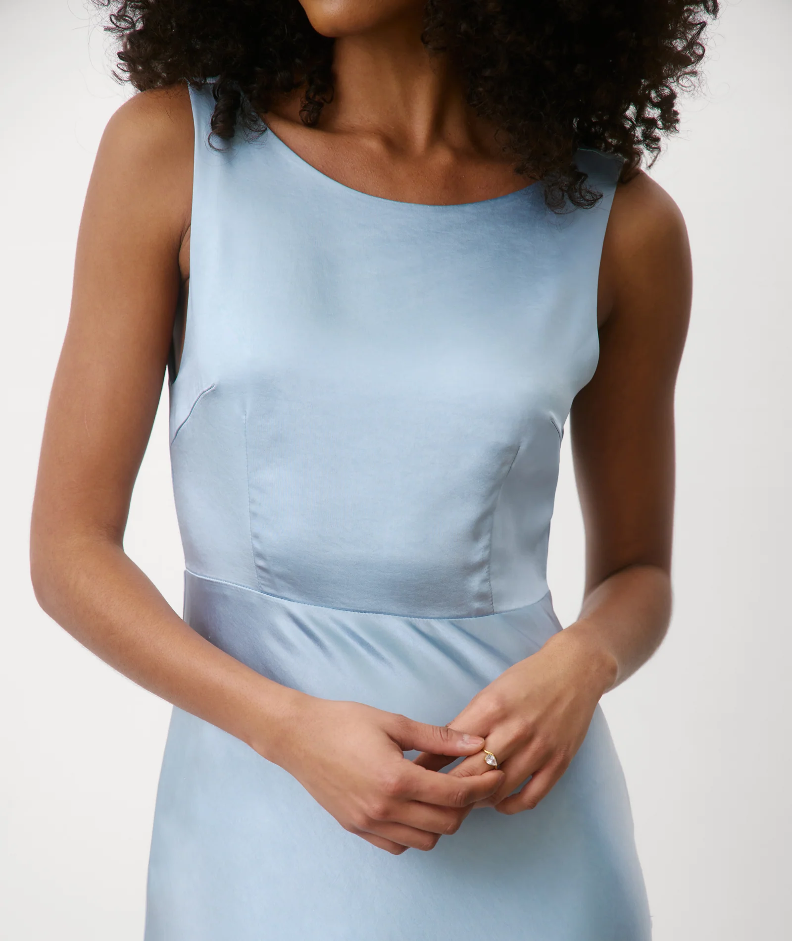 Cowl Back Satin Bridesmaid Dress - Dusty Blue - Image 3