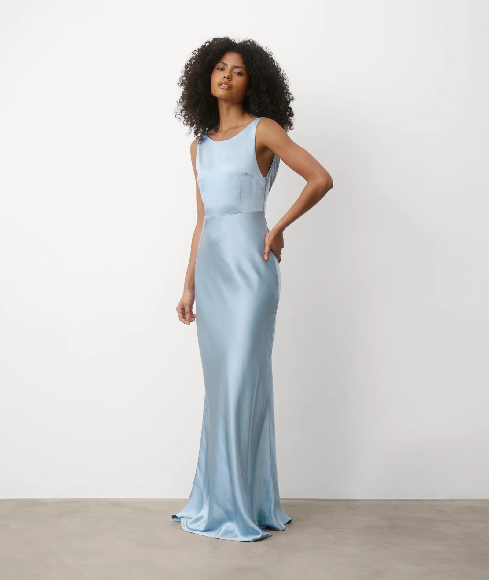 Cowl Back Satin Bridesmaid Dress - Dusty Blue - Image 4