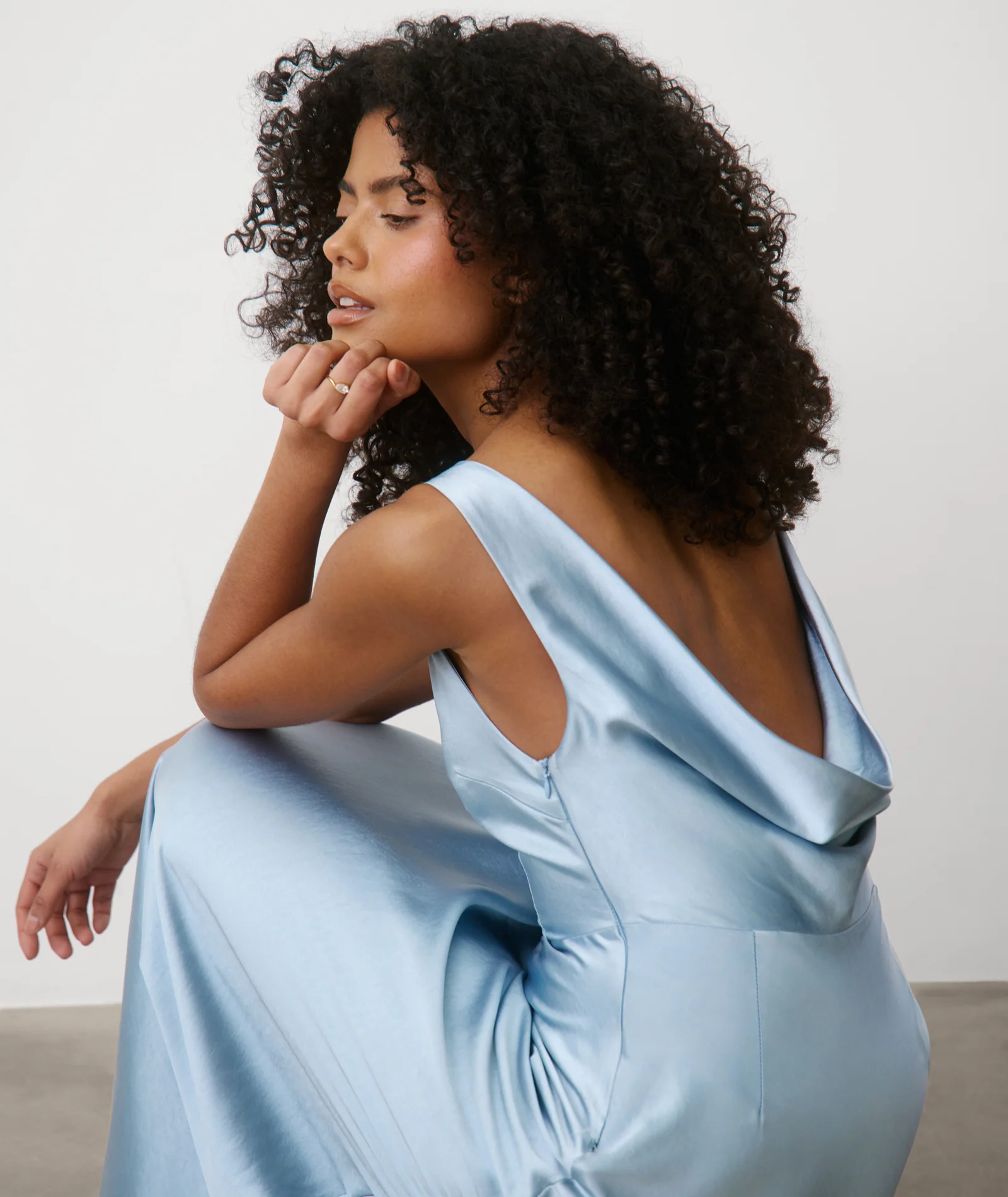 Cowl Back Satin Bridesmaid Dress - Dusty Blue - Image 5
