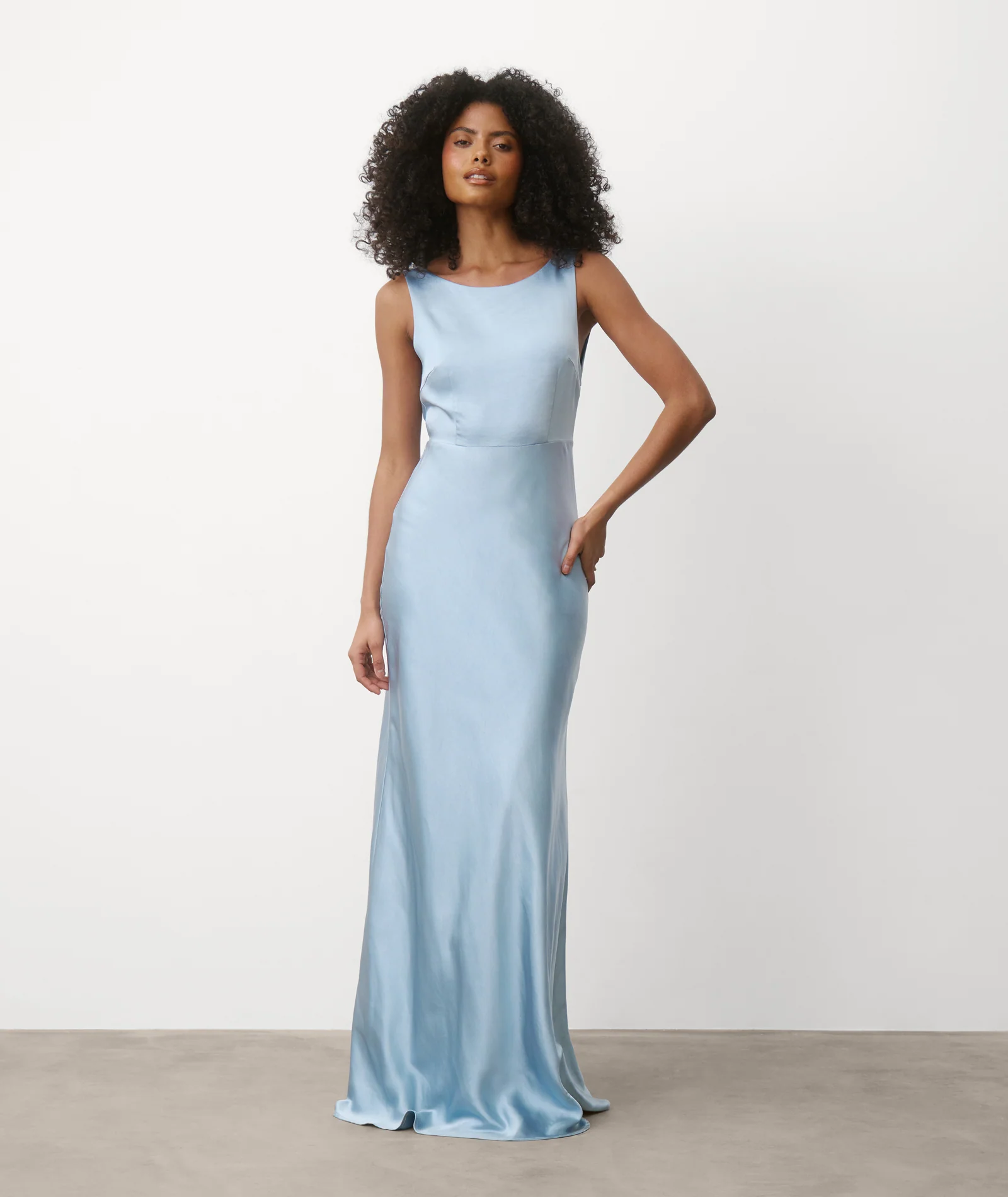 Cowl Back Satin Bridesmaid Dress - Dusty Blue - Image 6