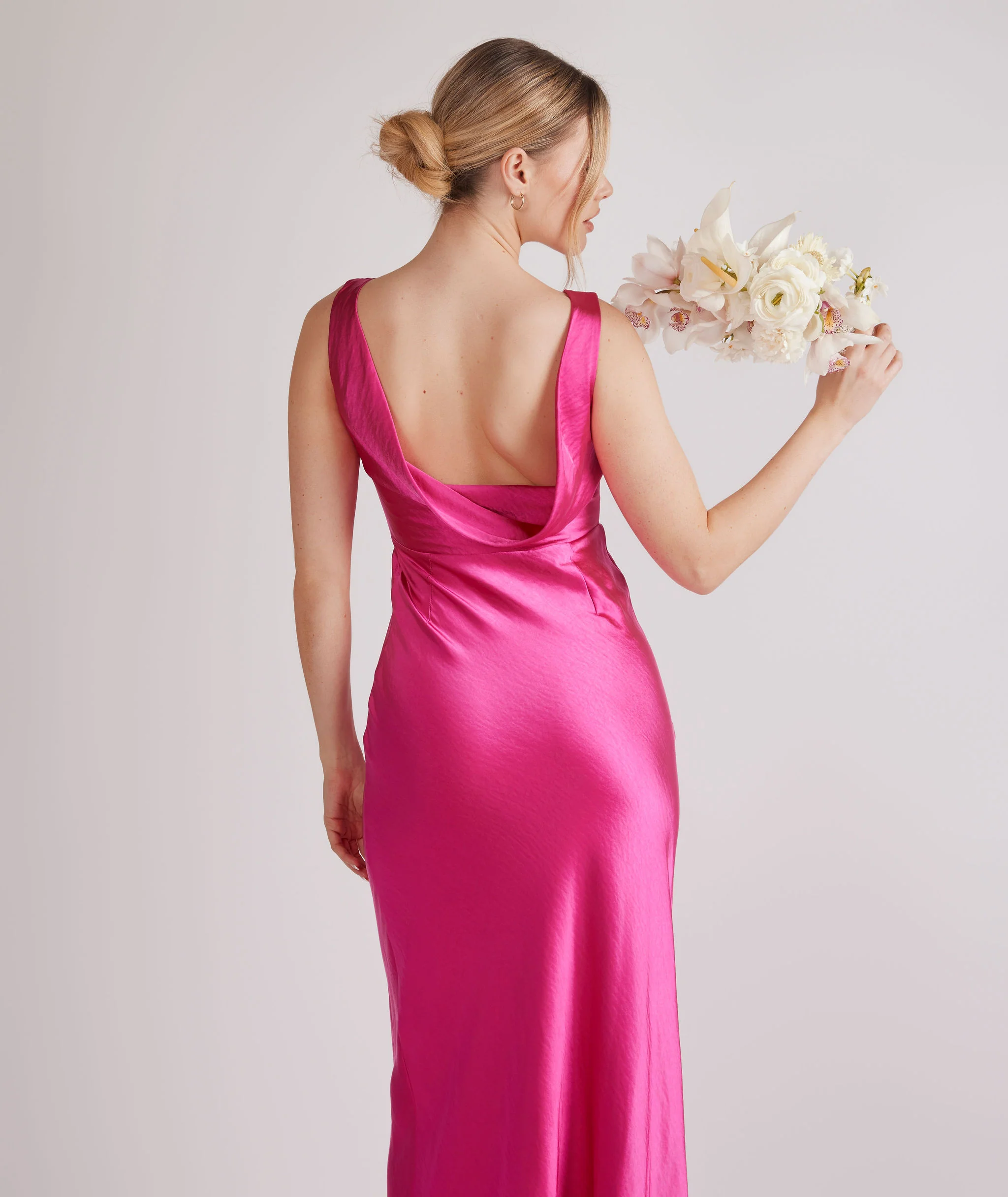 Cowl Back Satin Bridesmaid Dress - Fuchsia Pink - Image 3