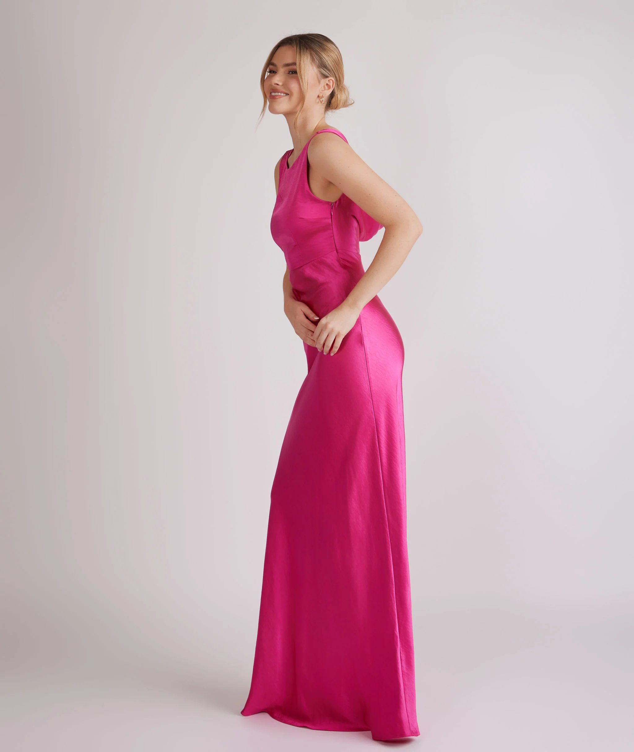 Cowl Back Satin Bridesmaid Dress - Fuchsia Pink - Image 4