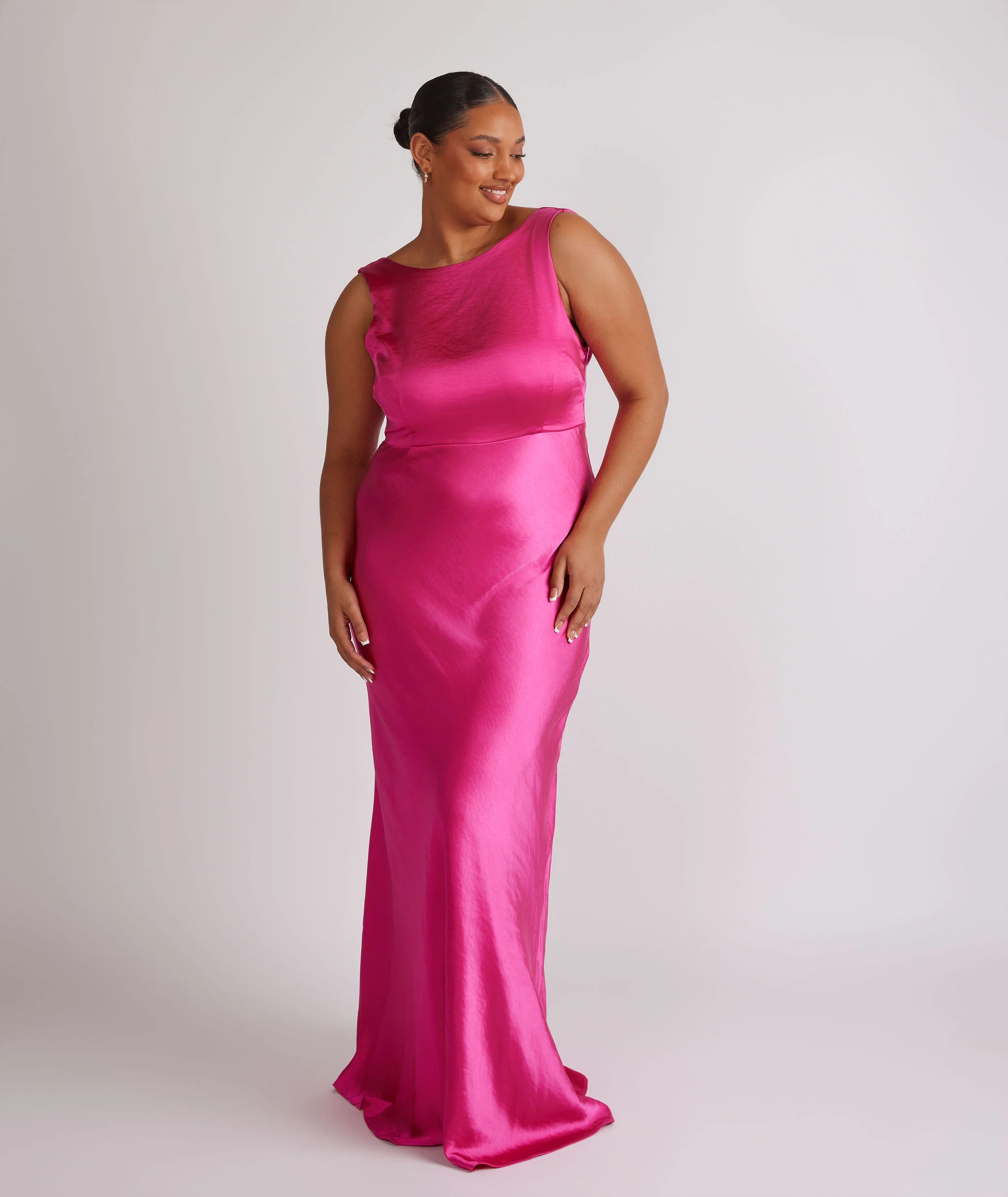 Cowl Back Satin Bridesmaid Dress - Fuchsia Pink - Image 5