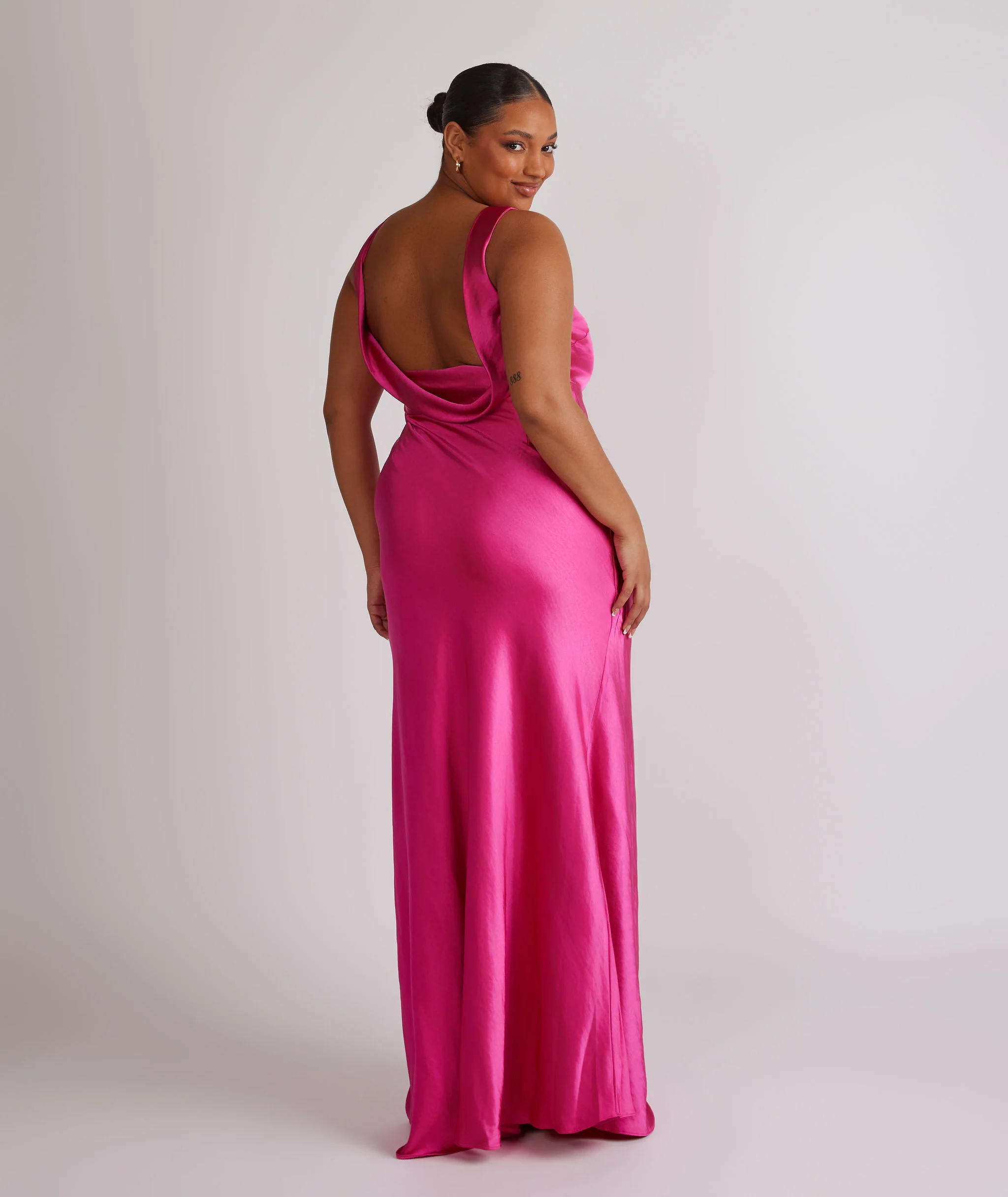 Cowl Back Satin Bridesmaid Dress - Fuchsia Pink - Image 7