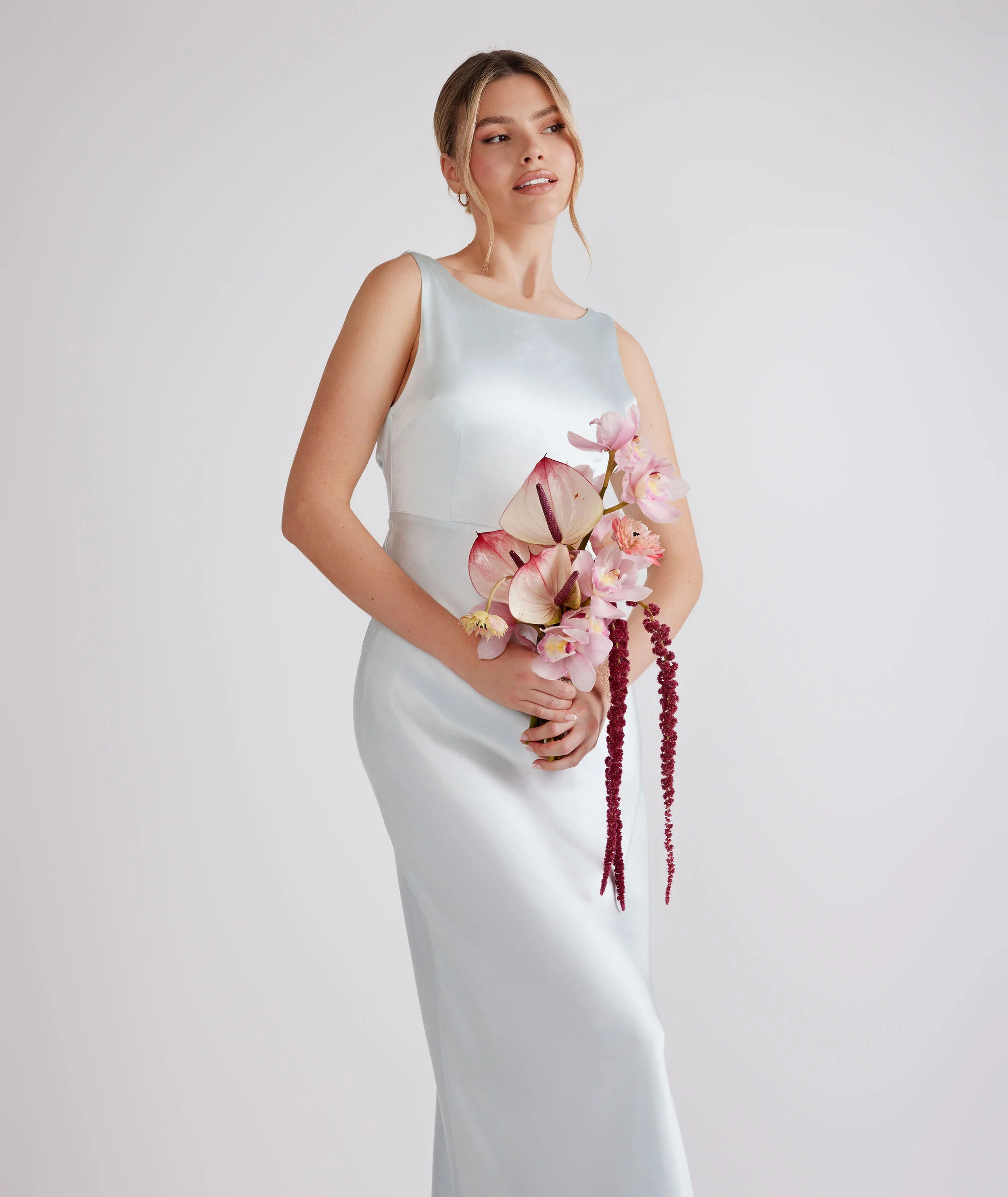 Cowl Back Satin Bridesmaid Dress - Ice Blue - Image 7