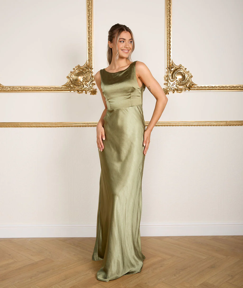 Cowl Back Satin Bridesmaid Dress - Moss Green - Image 3