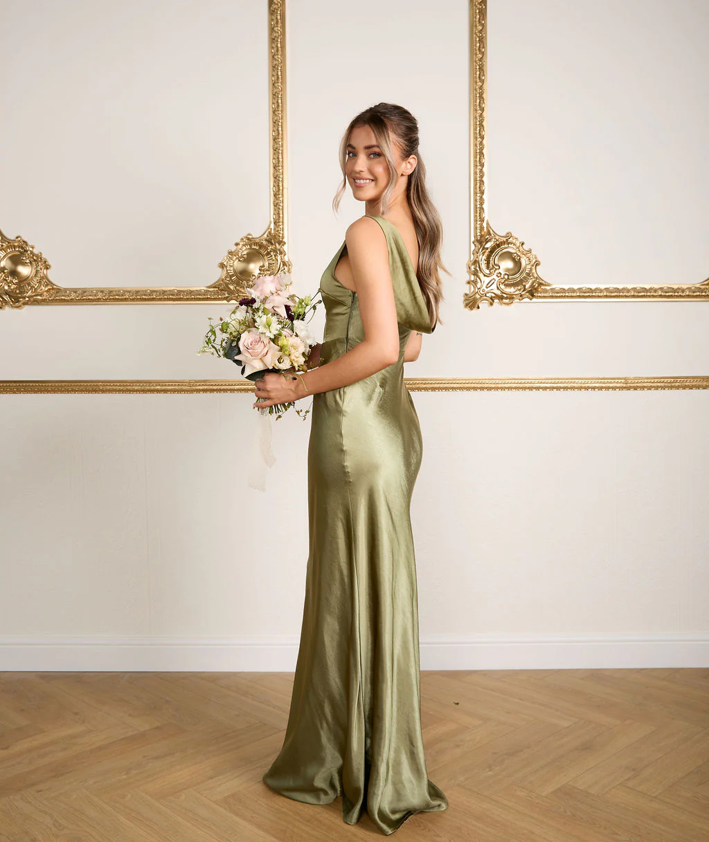 Cowl Back Satin Bridesmaid Dress - Moss Green - Image 4