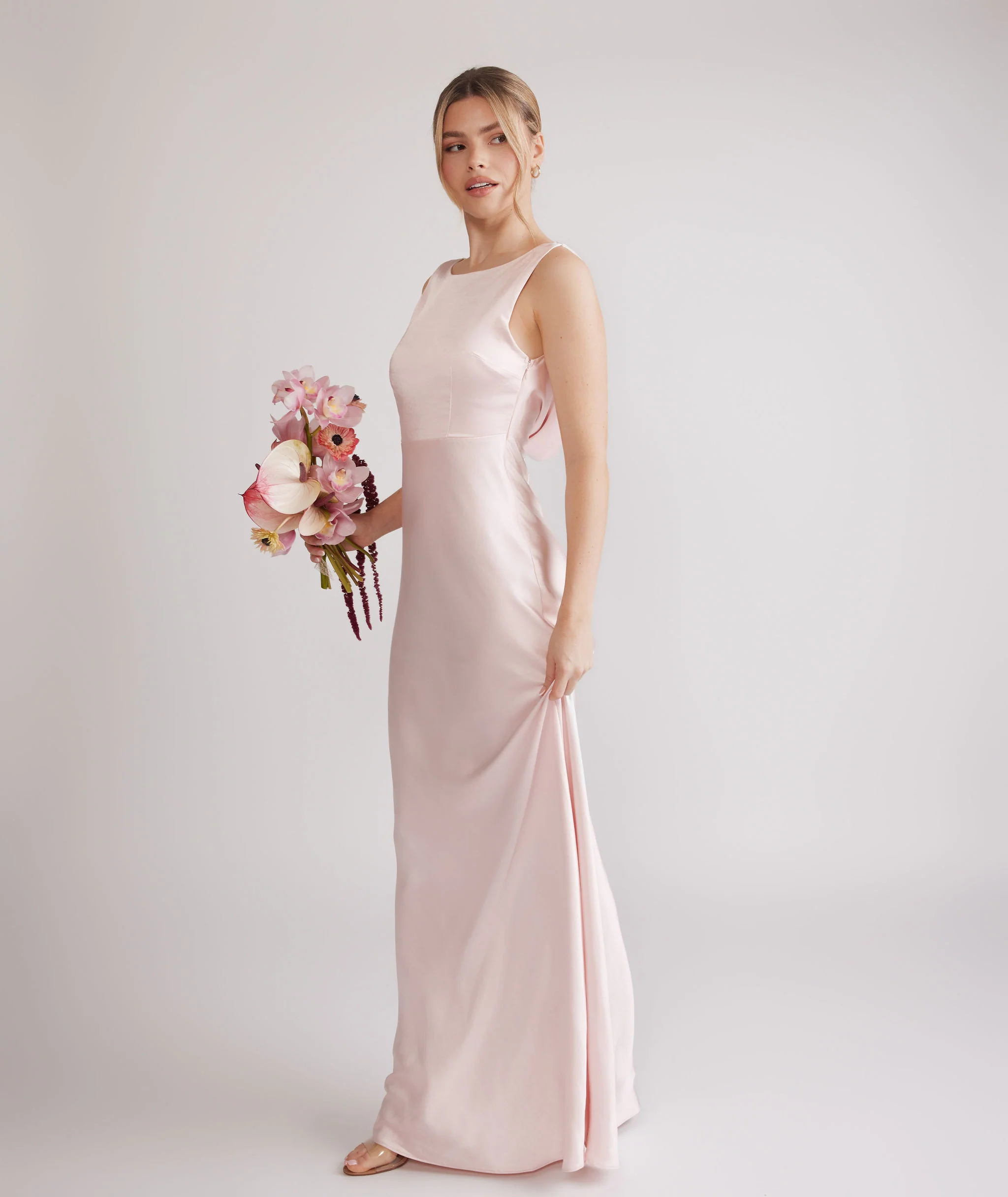 Cowl Back Satin Bridesmaid Dress - Pale Pink - Image 4