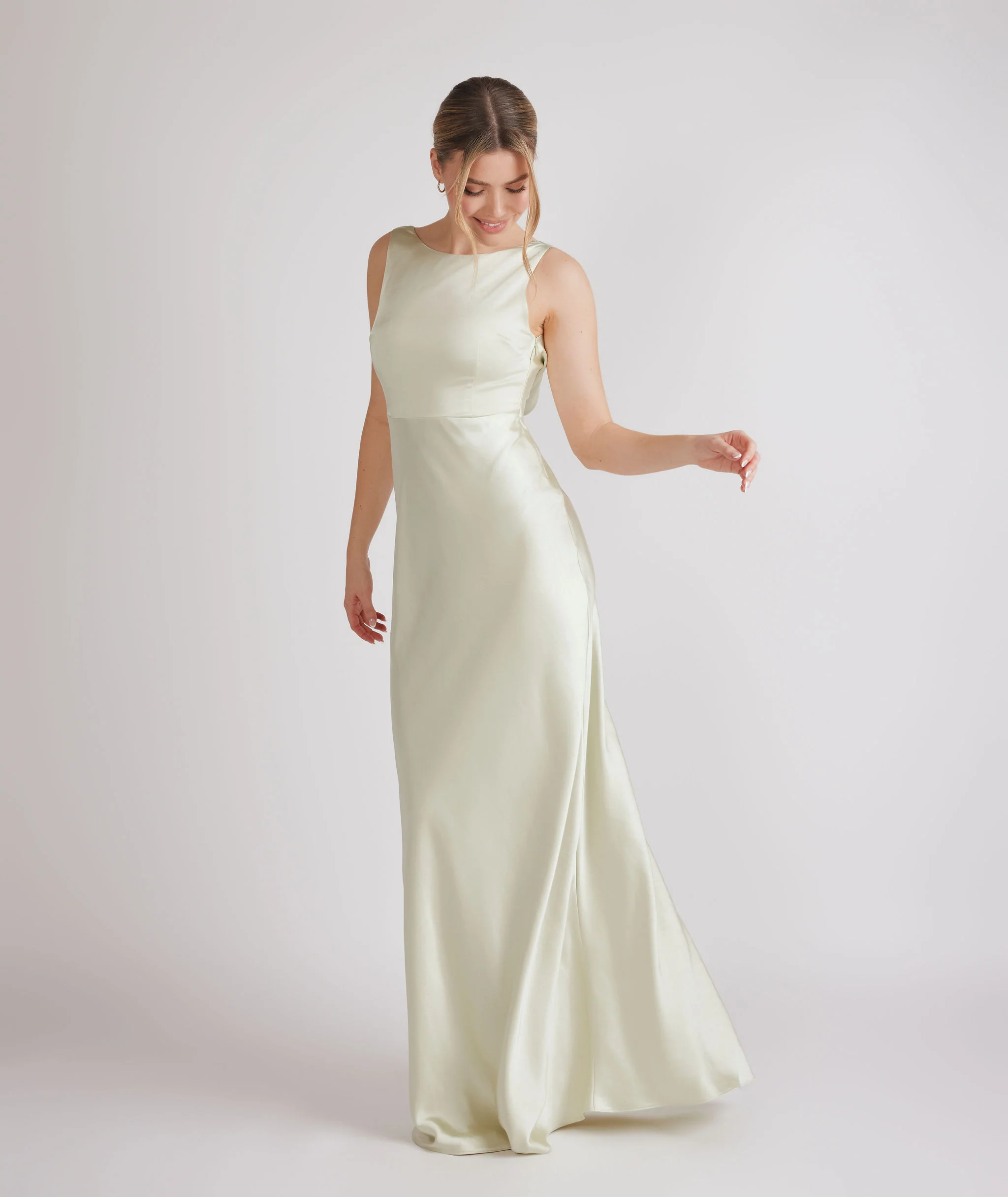 Cowl Back Satin Bridesmaid Dress - Pear Green - Image 4