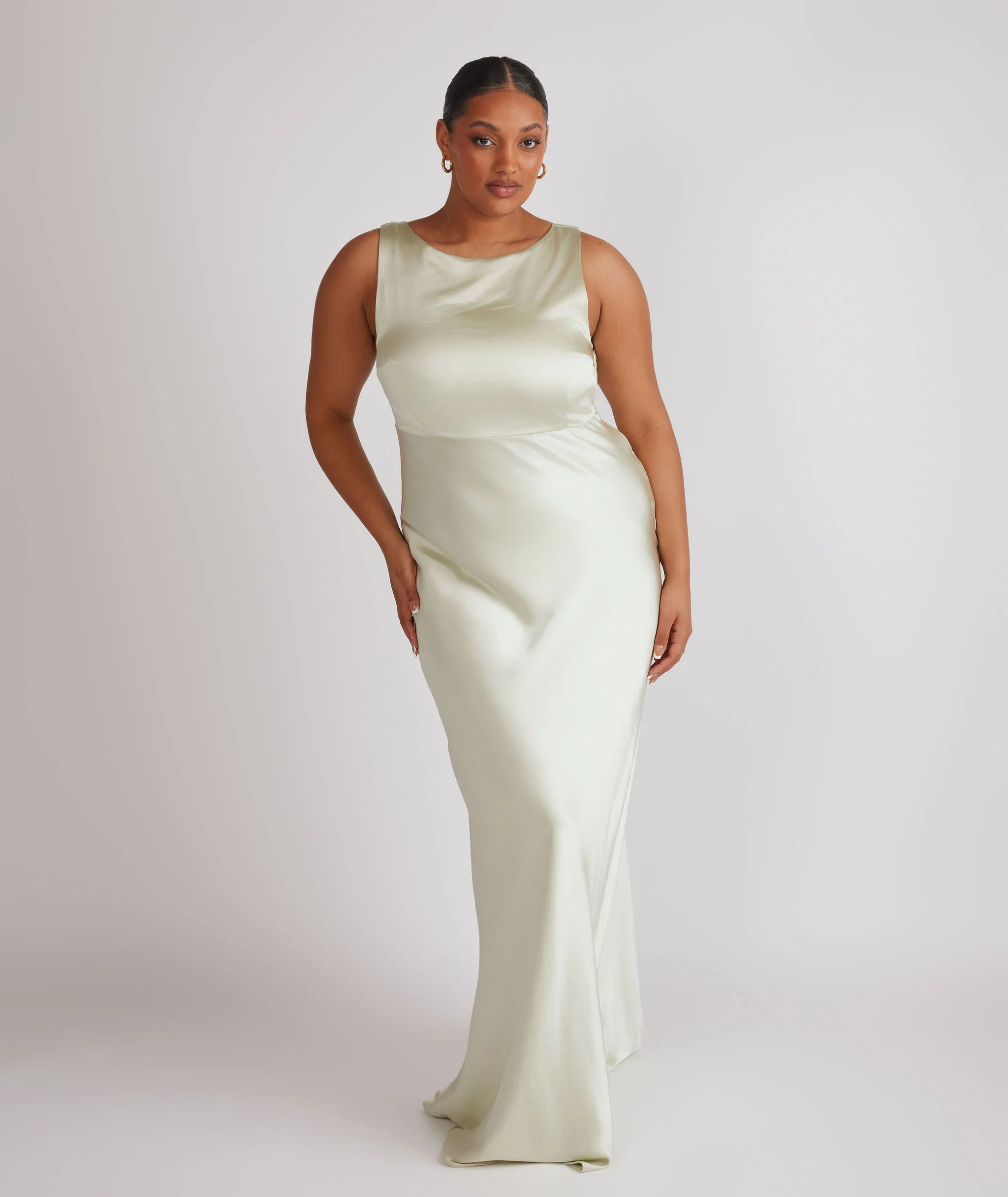 Cowl Back Satin Bridesmaid Dress - Pear Green - Image 6