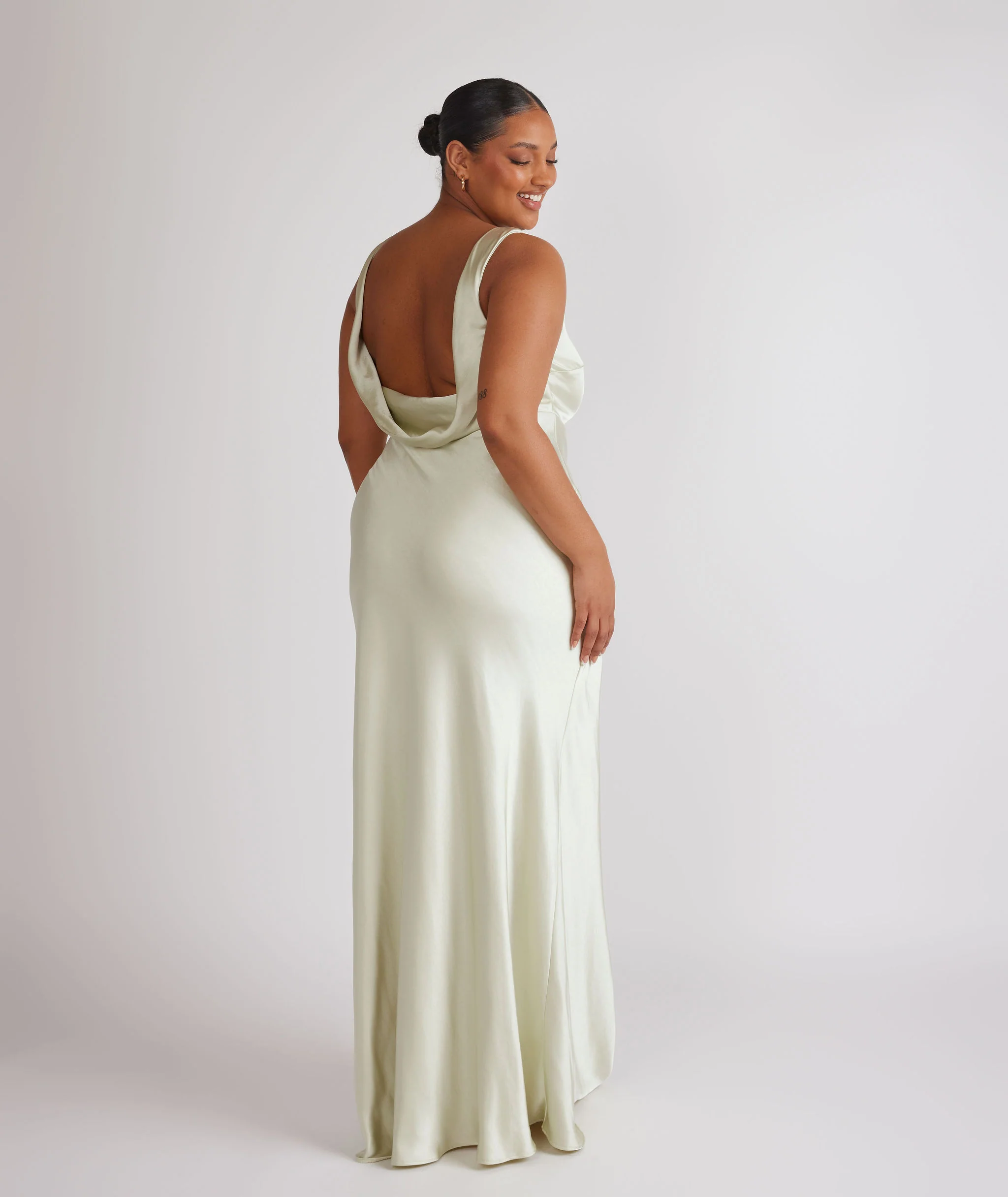 Cowl Back Satin Bridesmaid Dress - Pear Green - Image 7