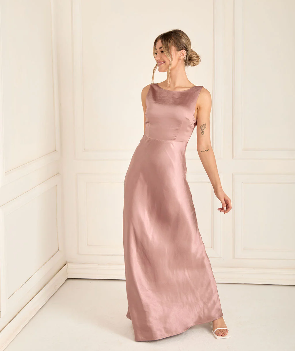 Cowl Back Satin Bridesmaid Dress - Rose - Image 2