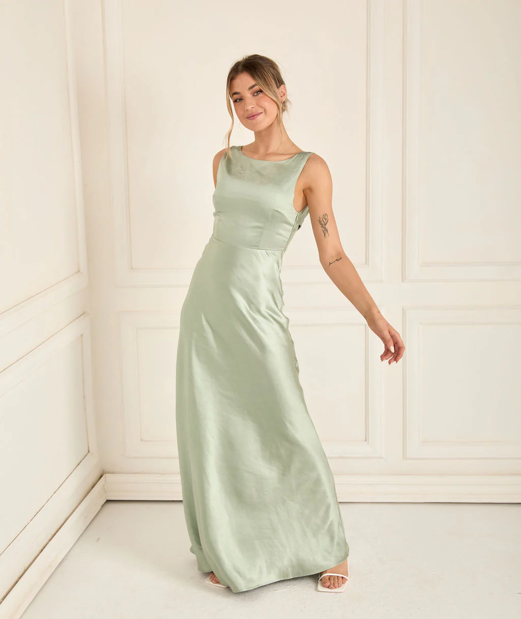 Cowl Back Satin Bridesmaid Dress - Sage - Image 3
