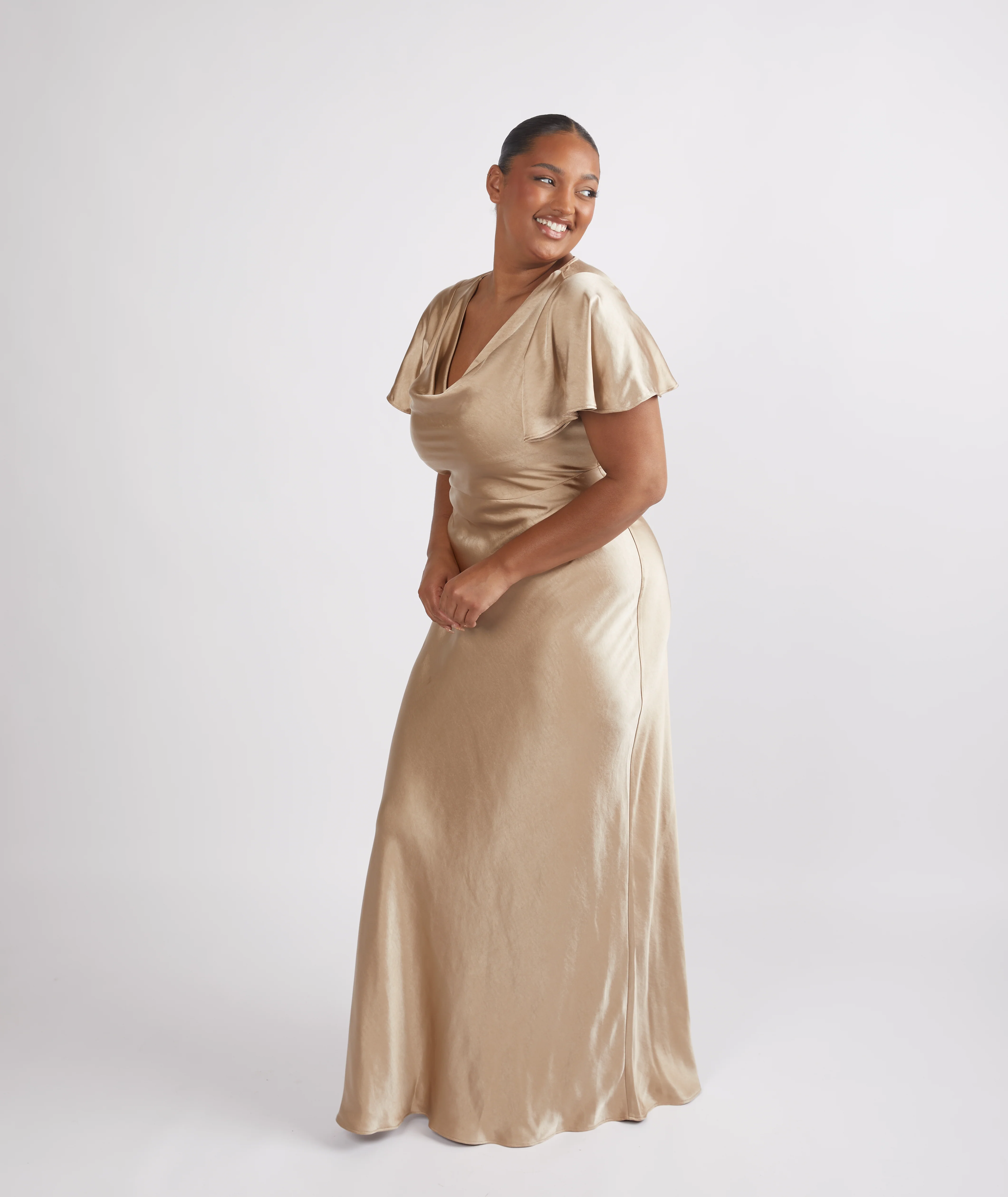 Cowl Flutter Sleeve Satin Bridesmaid Dress - Champagne - Image 3
