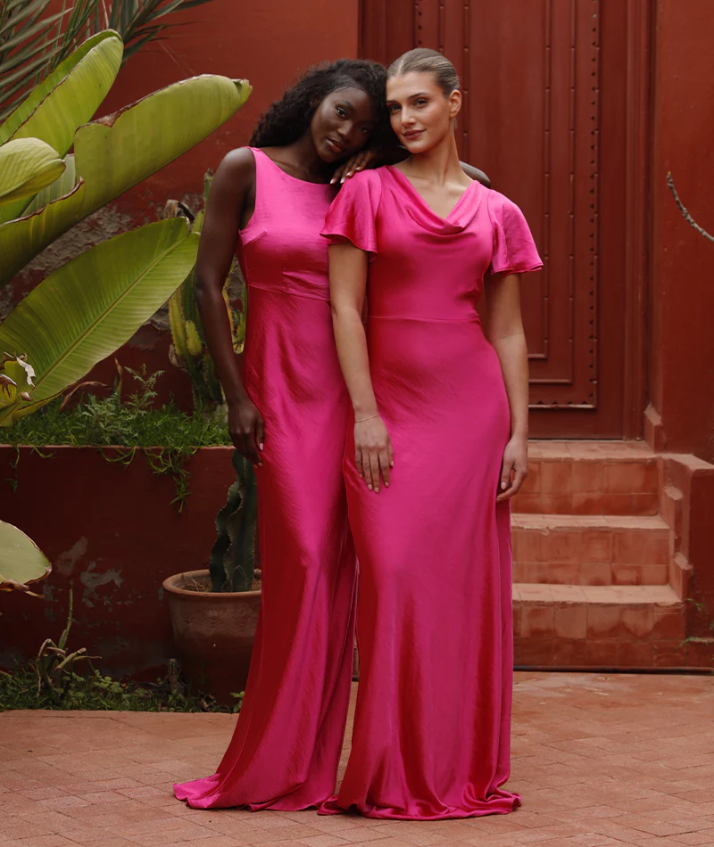 Cowl Flutter Sleeve Satin Bridesmaid Dress - Fuchsia Pink