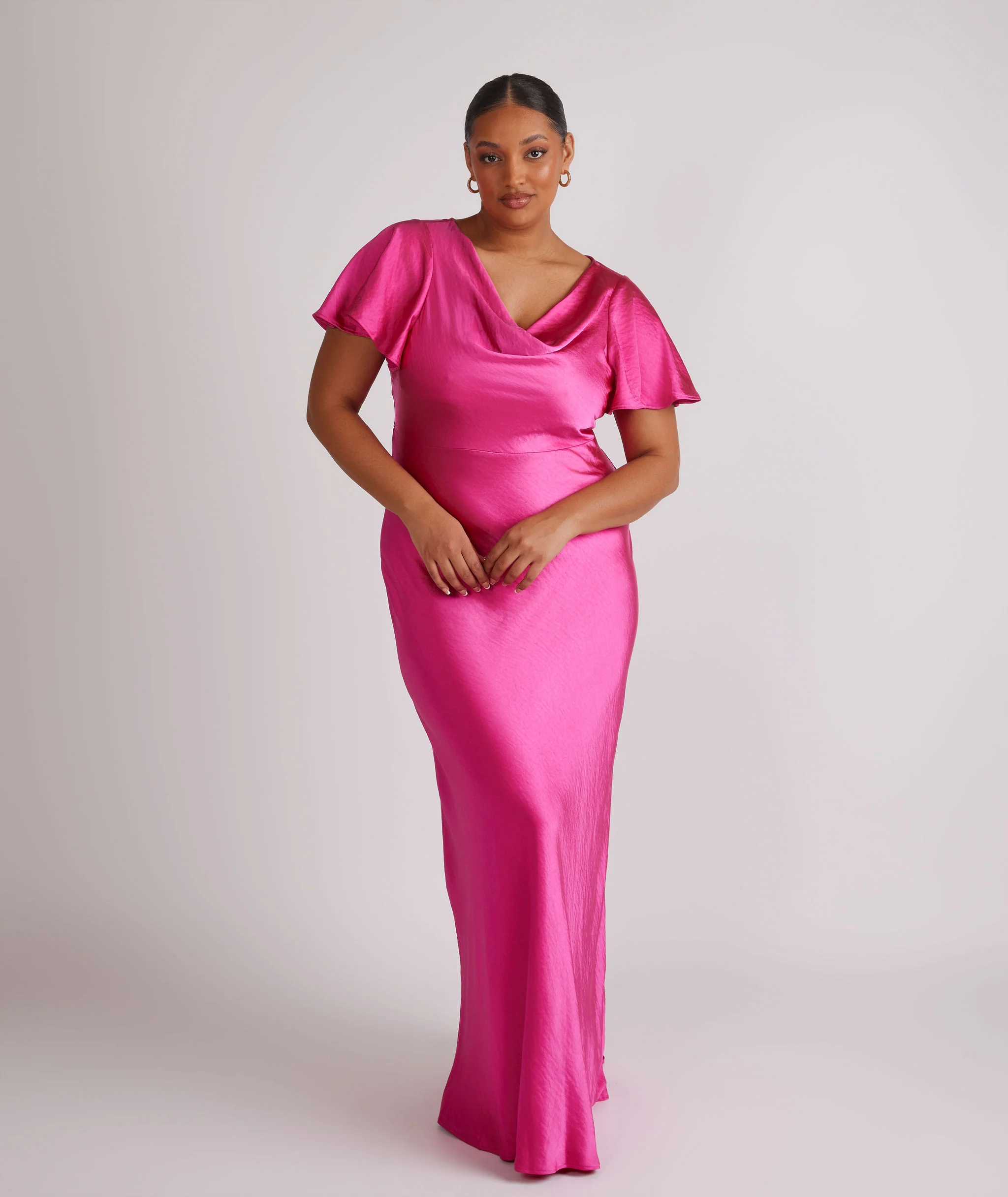 Cowl Flutter Sleeve Satin Bridesmaid Dress - Fuchsia Pink - Image 2