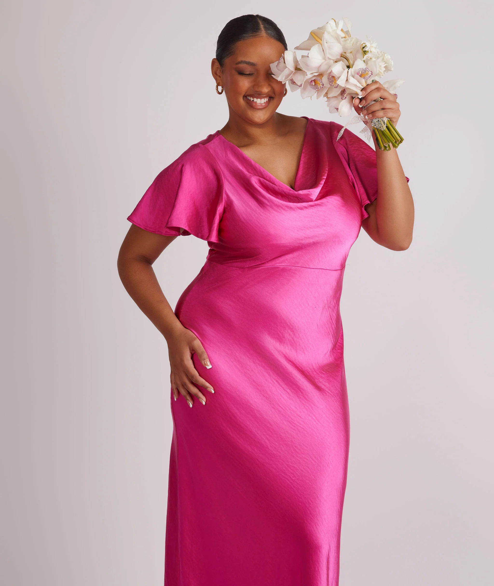 Cowl Flutter Sleeve Satin Bridesmaid Dress - Fuchsia Pink - Image 3
