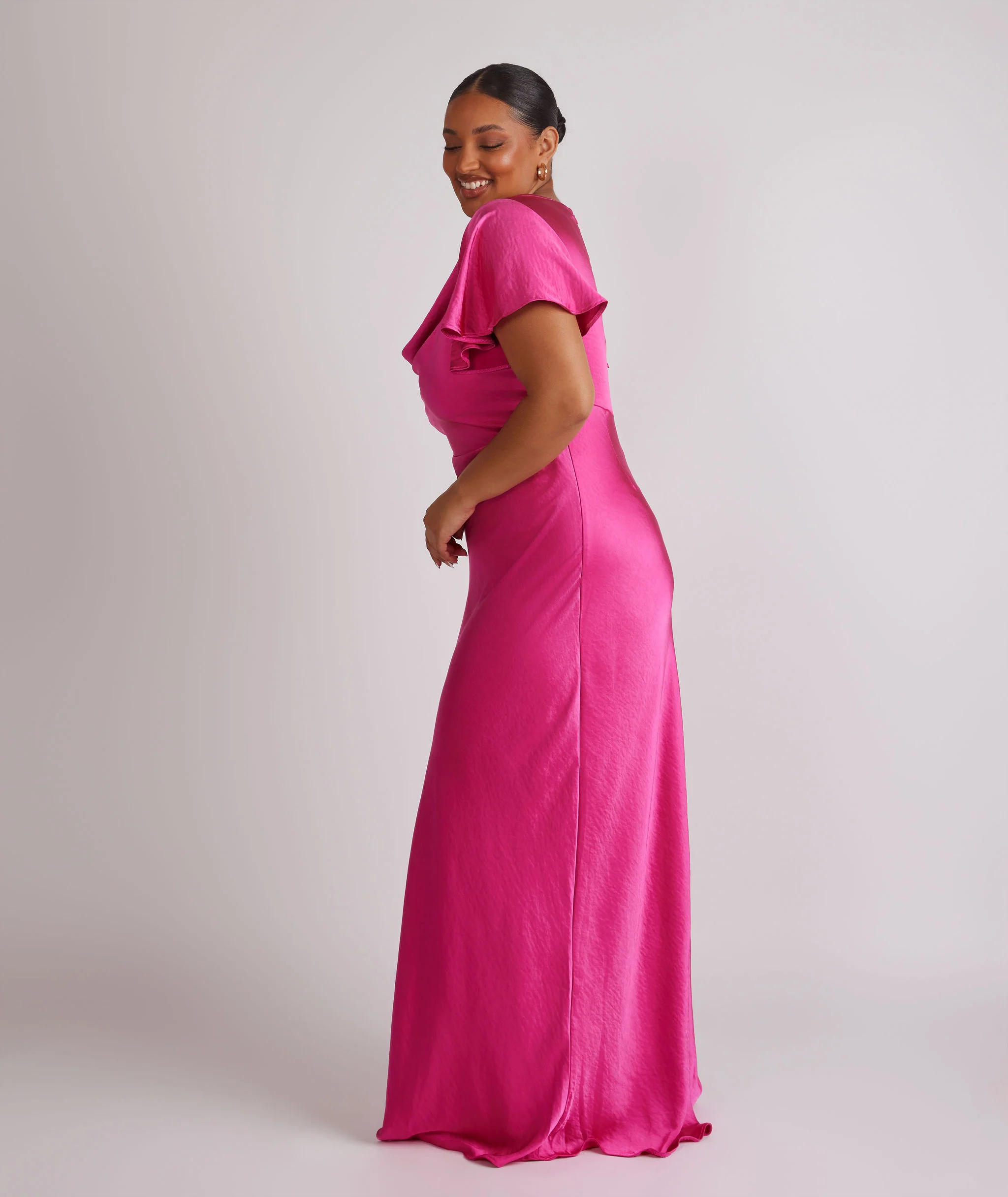 Cowl Flutter Sleeve Satin Bridesmaid Dress - Fuchsia Pink - Image 4