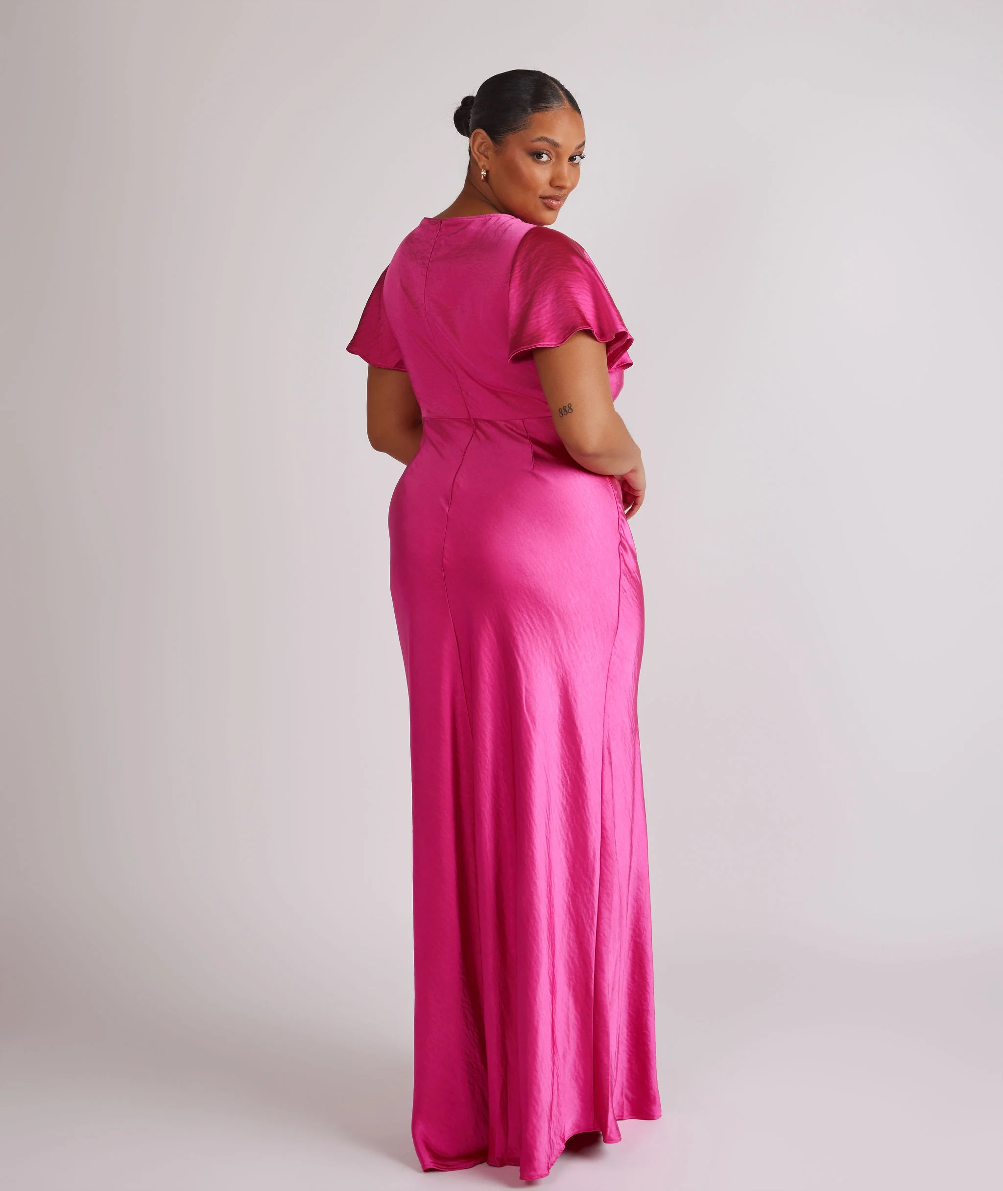Cowl Flutter Sleeve Satin Bridesmaid Dress - Fuchsia Pink - Image 5