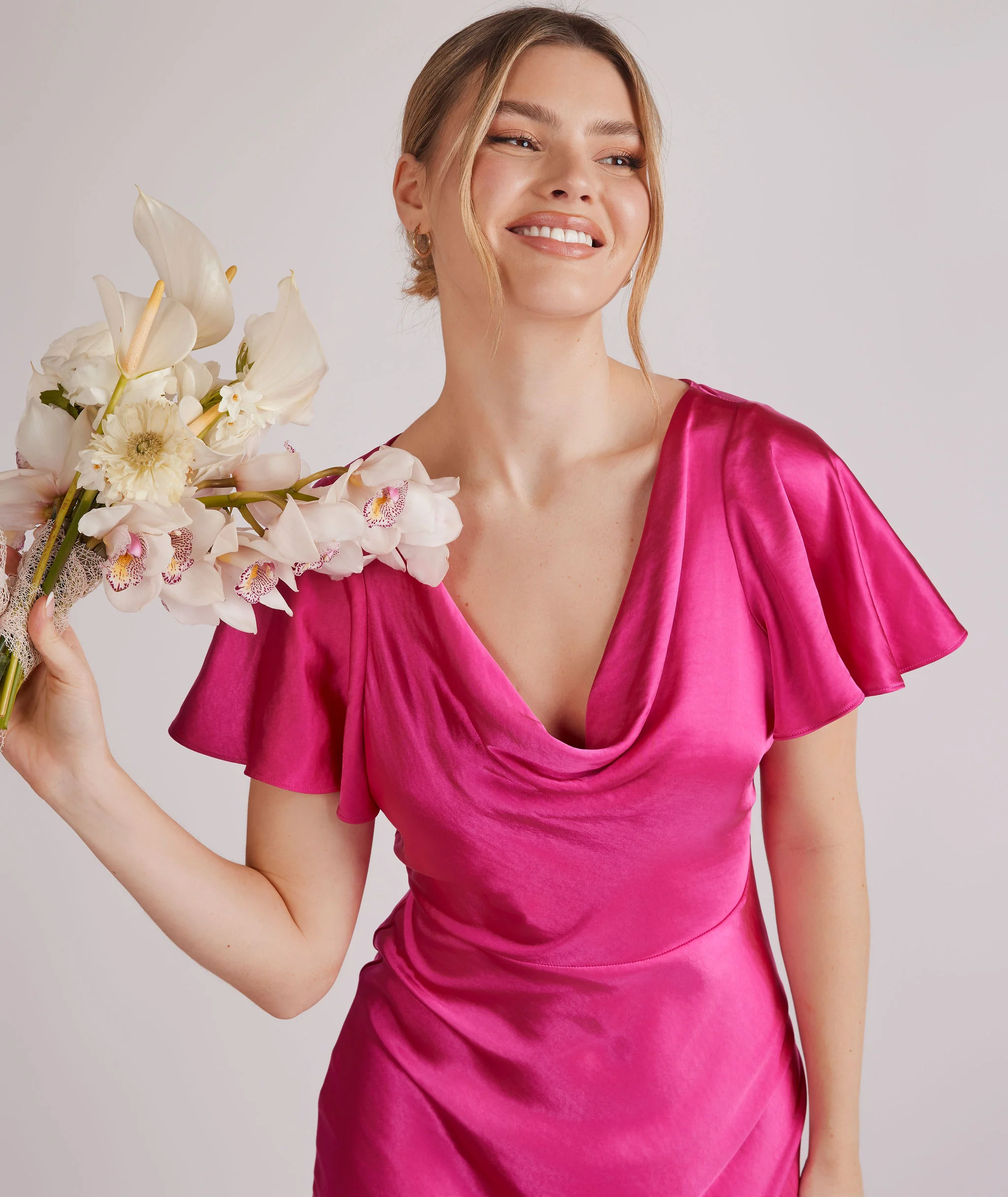 Cowl Flutter Sleeve Satin Bridesmaid Dress - Fuchsia Pink - Image 6