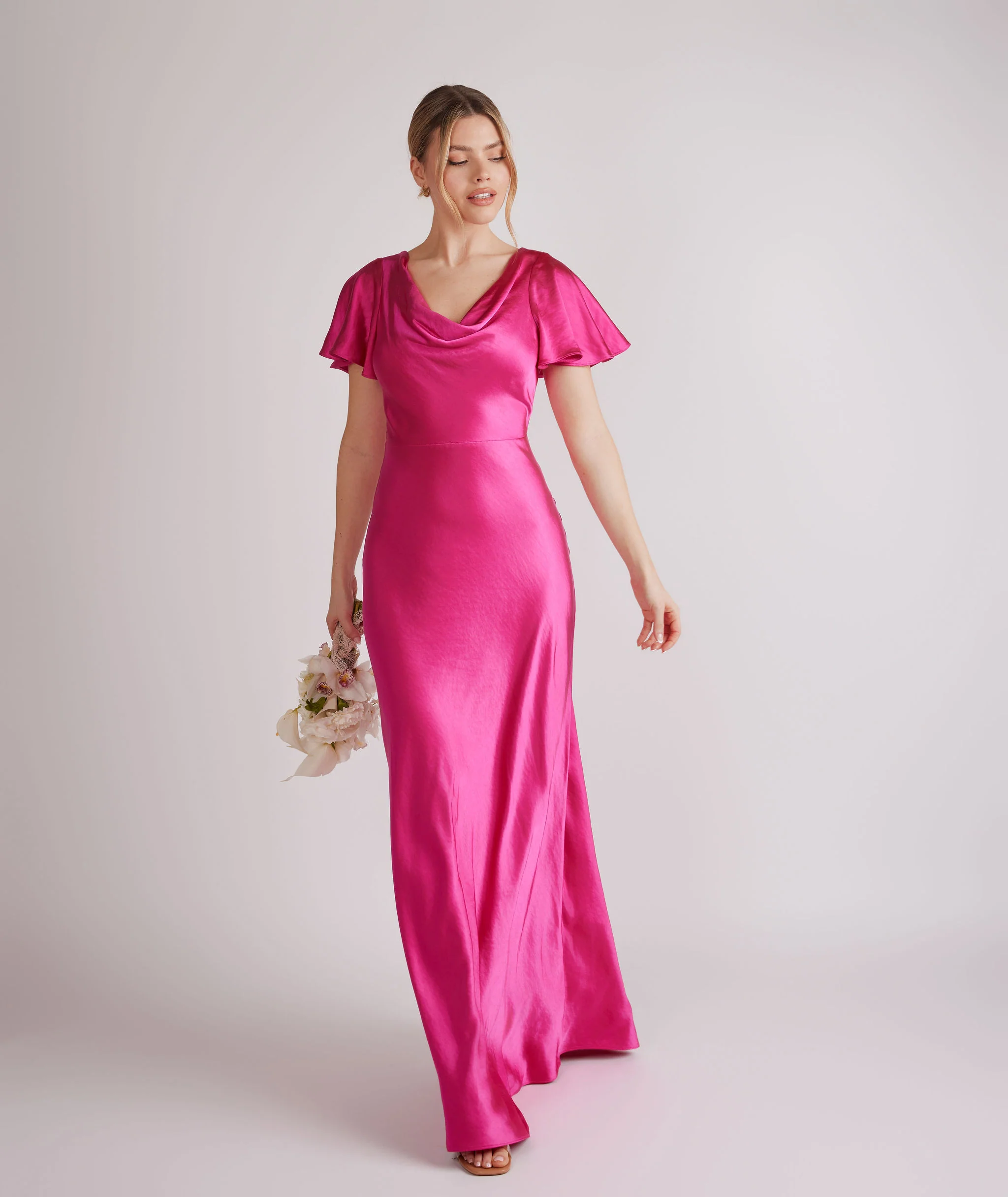 Cowl Flutter Sleeve Satin Bridesmaid Dress - Fuchsia Pink - Image 7