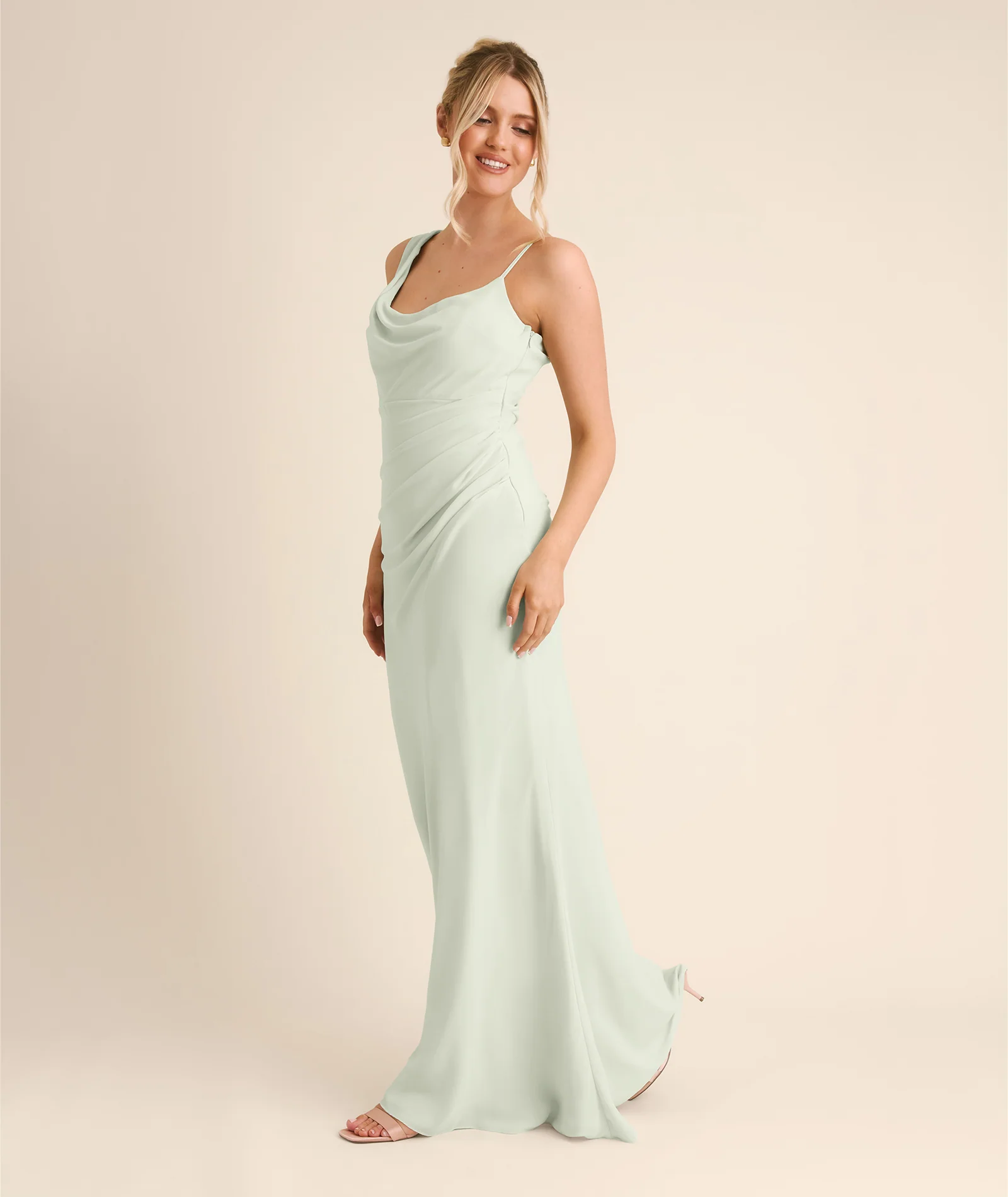 Cowl Front Asymmetrical Chiffon Bridesmaid Dress - Mint Green - Image 5
