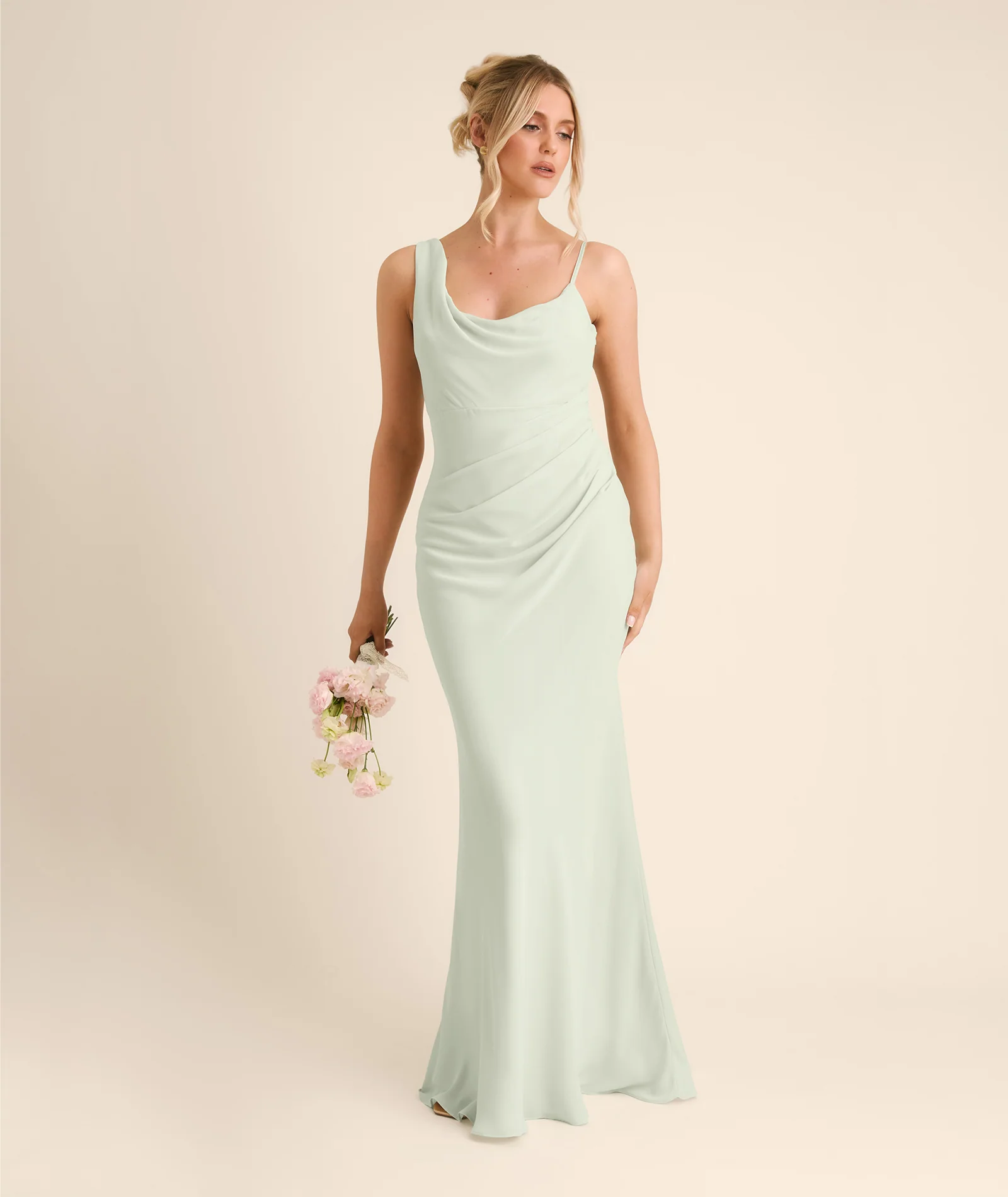 Cowl Front Asymmetrical Chiffon Bridesmaid Dress - Mint Green - Image 6