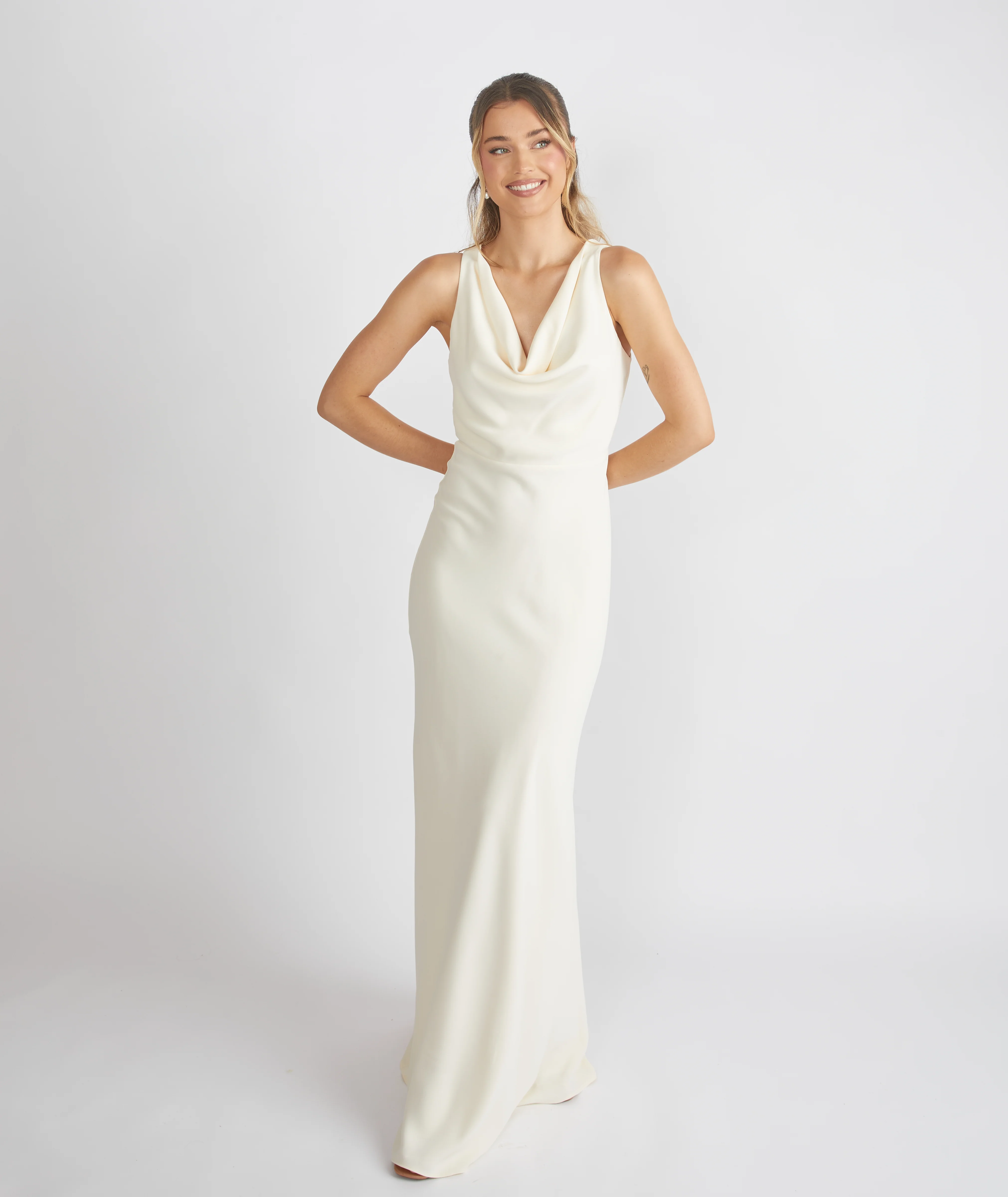 Cowl Front Crepe Bridesmaid Dress - Almond - Image 2