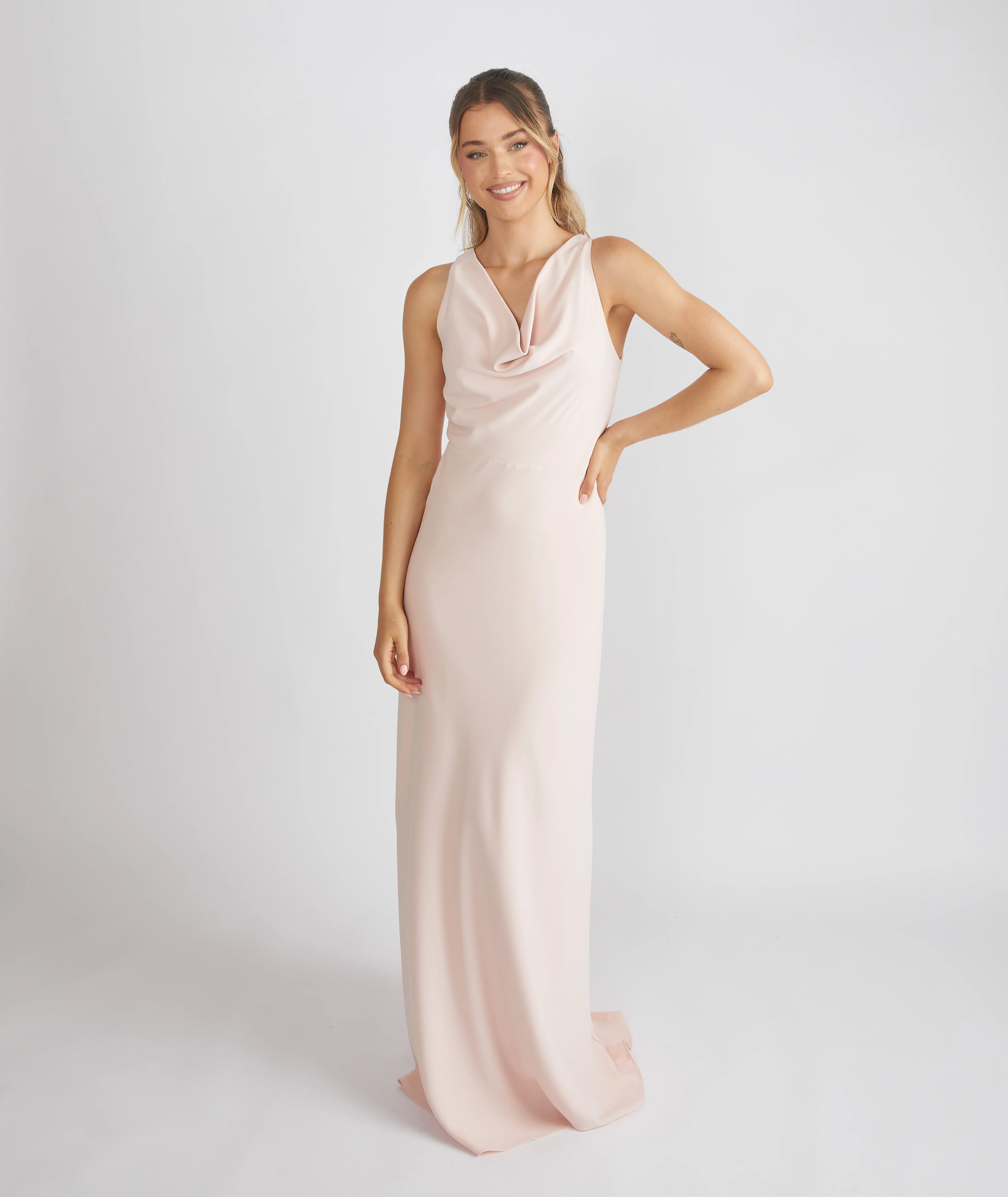 Cowl Front Crepe Bridesmaid Dress - Blush - Image 2