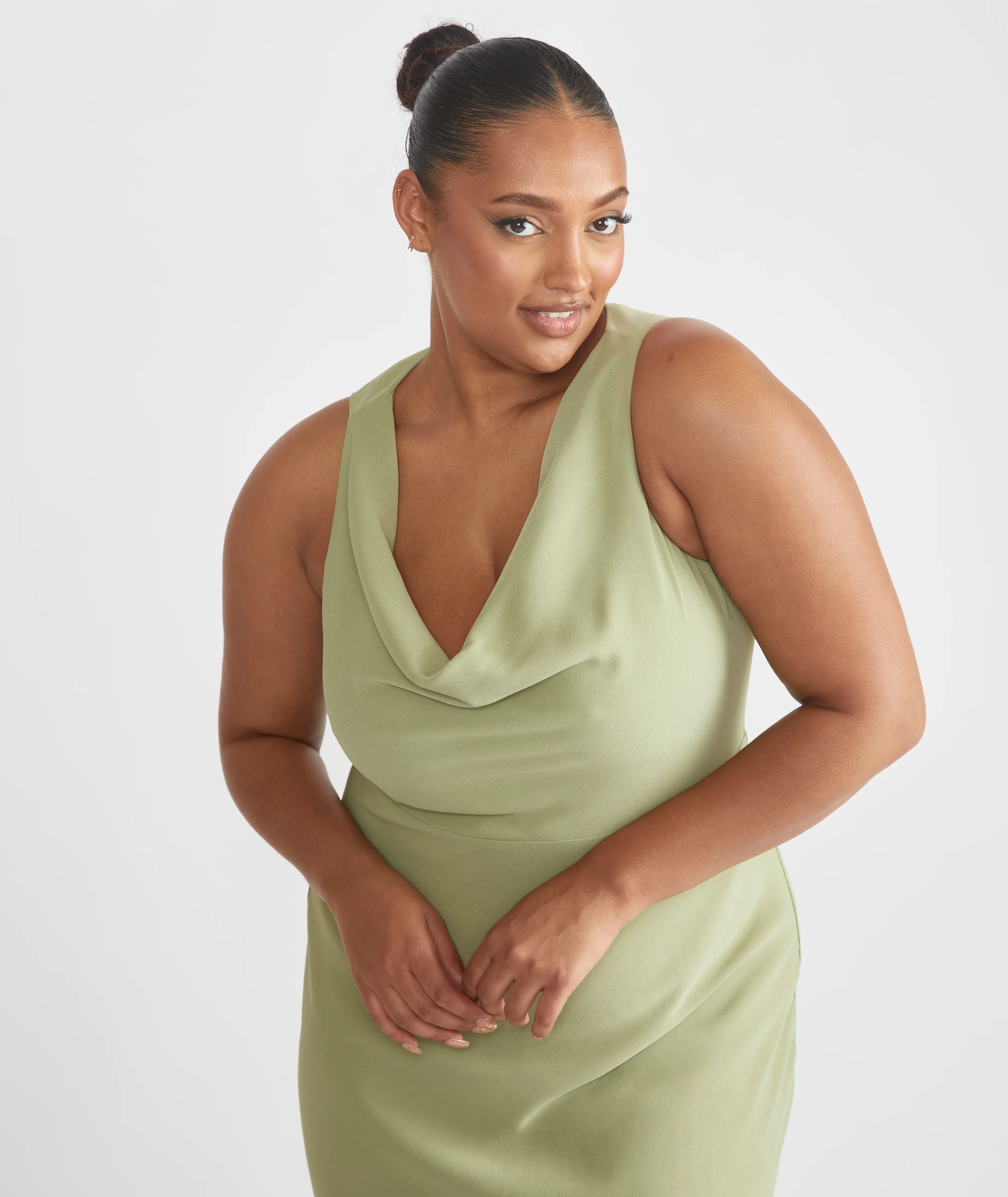 Cowl Front Crepe Bridesmaid Dress - Sage - Image 6