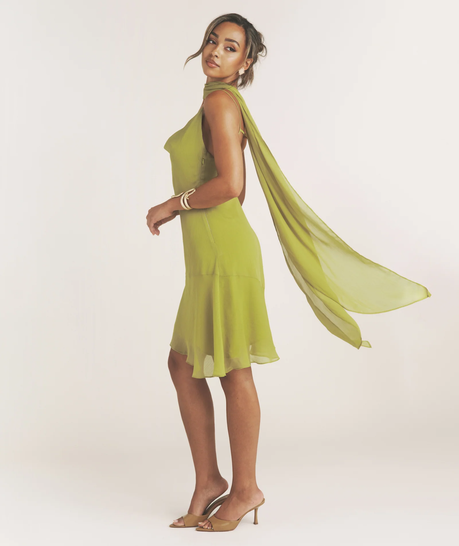 Cowl Front Mini Dress with Neck Scarf - Green - Image 3