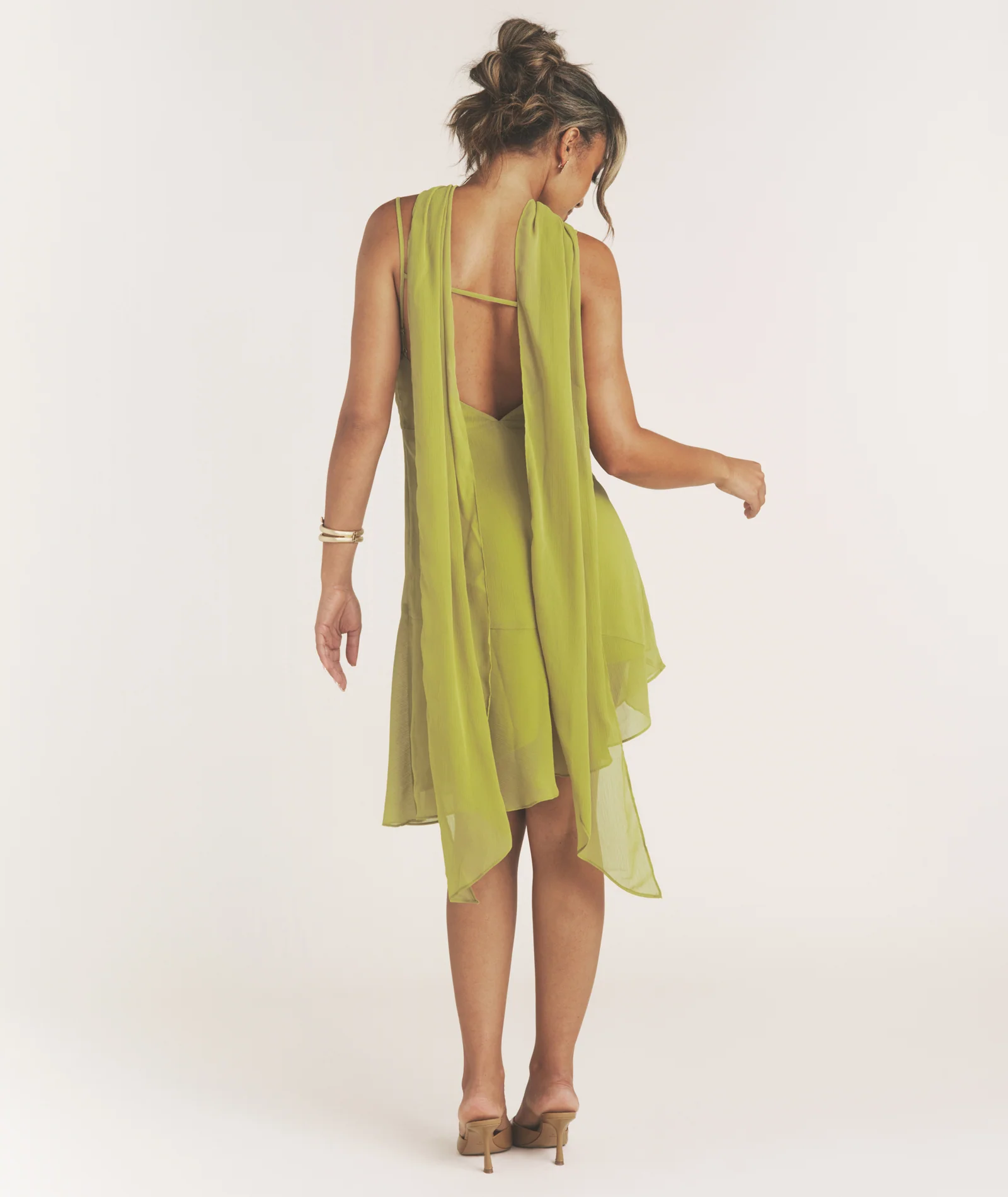 Cowl Front Mini Dress with Neck Scarf - Green - Image 4