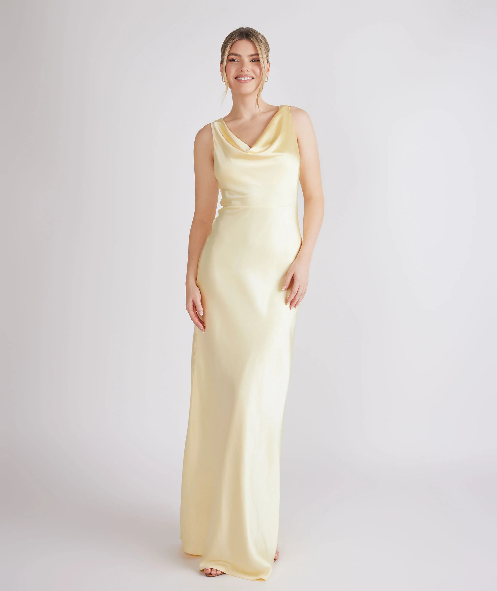 Cowl Front Satin Bridesmaid Dress - Butter Lemon - Image 3
