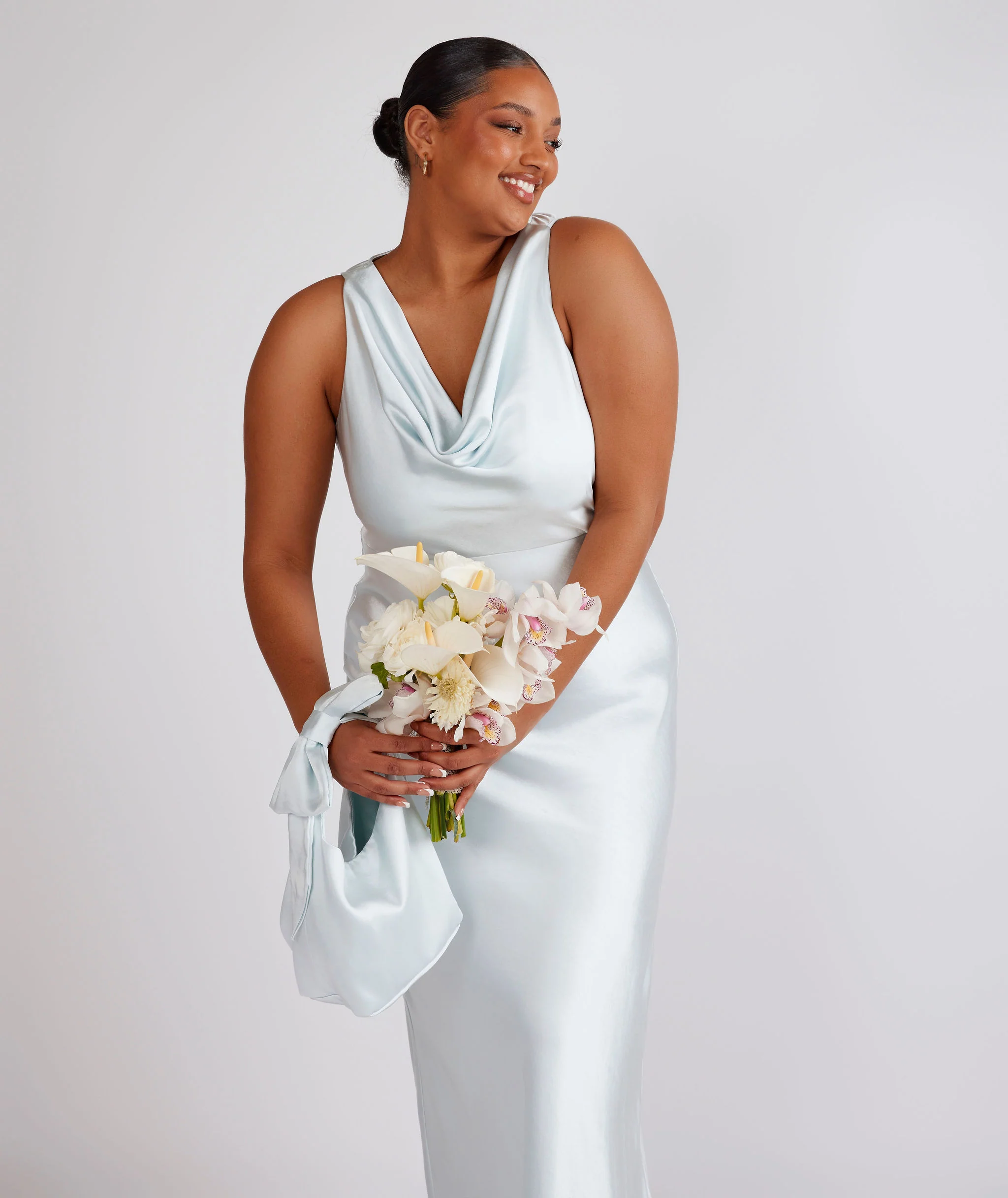 Cowl Front Satin Bridesmaid Dress - Ice Blue - Image 2