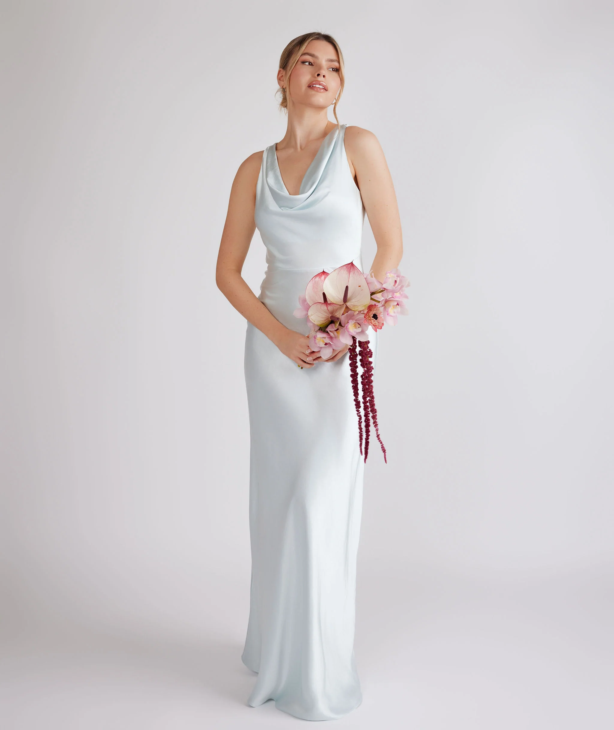 Cowl Front Satin Bridesmaid Dress - Ice Blue - Image 5