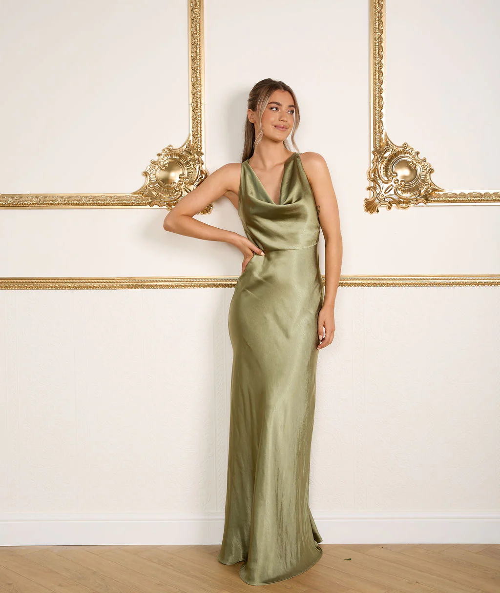Cowl Front Satin Bridesmaid Dress - Moss Green - Image 3