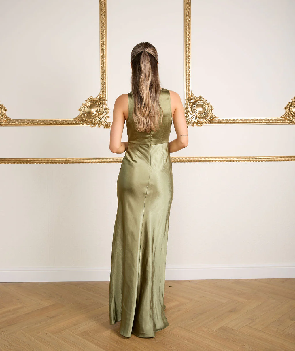 Cowl Front Satin Bridesmaid Dress - Moss Green - Image 4